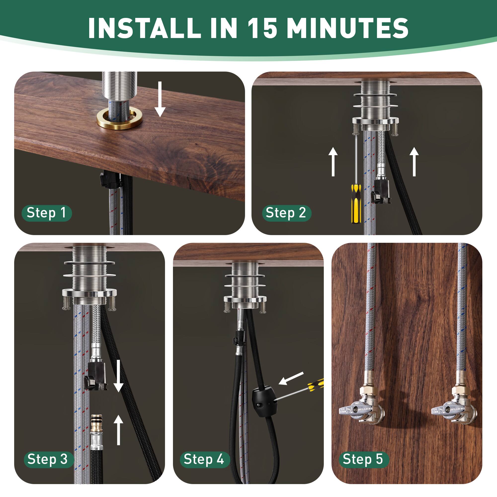 INSTALL IN 15 MINUTES

Step 1

Step 2

Step 3

Step 4

Step 5