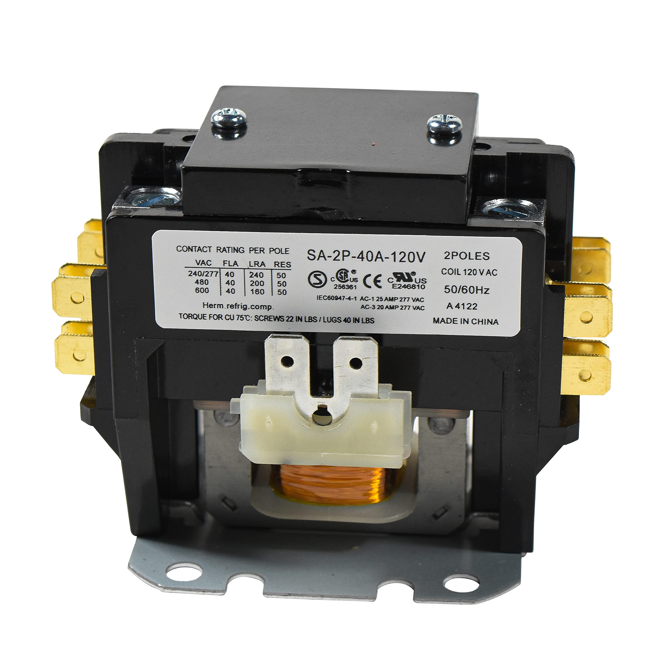 CONTACT RATING PER POLE  
SA-2P-40A-120V  
2POLES  
VAC FLA LRA RES  
240/277 40 240 50  
480 40 200 50  
600 40 160 50  
COIL 120 VAC  
50/60Hz  
IEC60947-4-1  
AC-1 25 AMPP  
11E VAC  
Herm. refrig. comp.  
AC-3 20 AMP 277 VAC  
A A4122  
TORQUE FOR CU 75°C: SCREWS 22 IN LBS / LUGS 40 IN LBS  
MADE IN CHINA  

2P-40A-120V  
2POLES  
COIL 120 VAC  
50/60Hz  
AC-3 20 AMP 277 VAC  
A 4122  
GS 40 IN LBS  
MADE IN CHINA