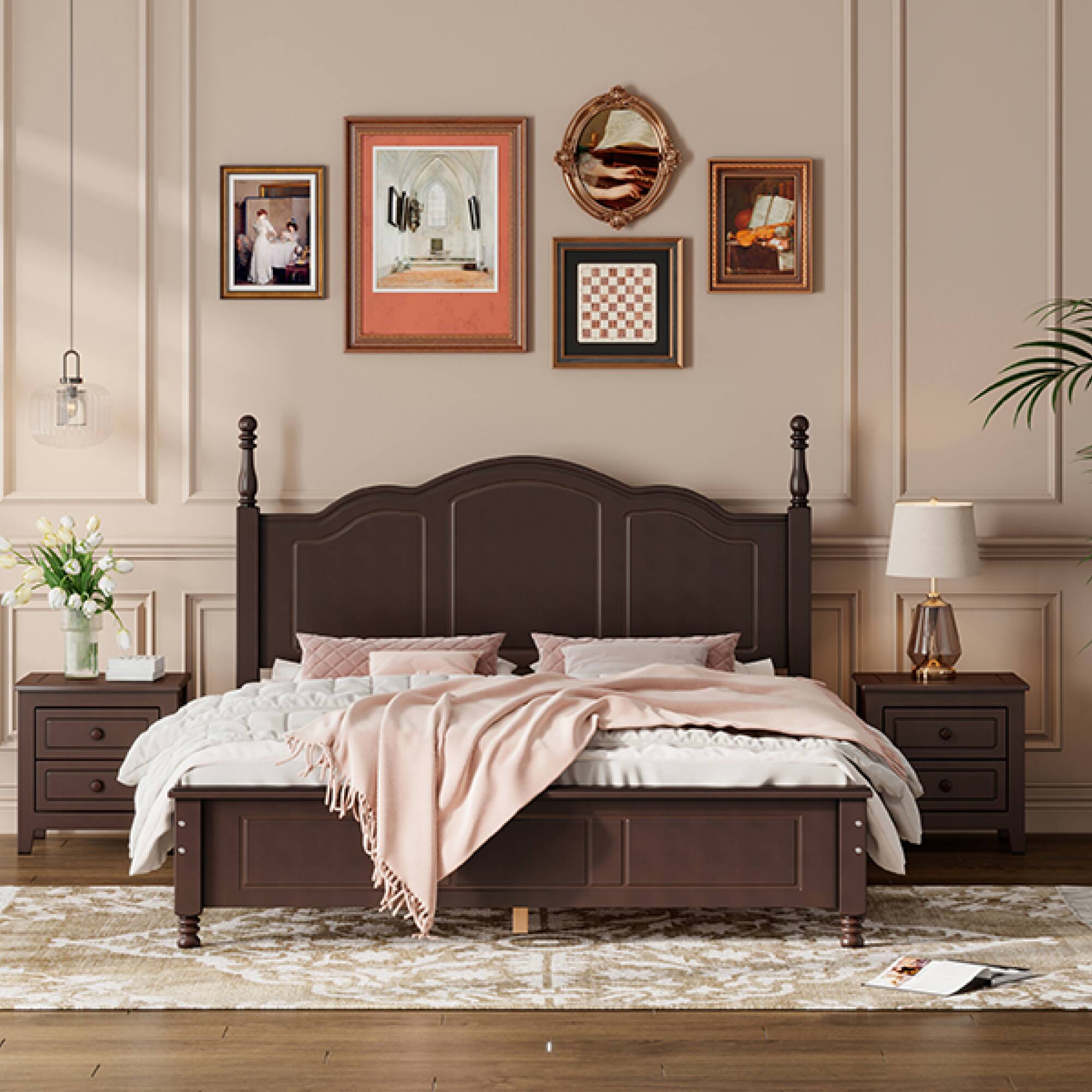 Alt View 6. GOODSILO - Queen Size Retro Wood Platform Bed Frame with Wooden Slat Support for Mattress - Walnut.