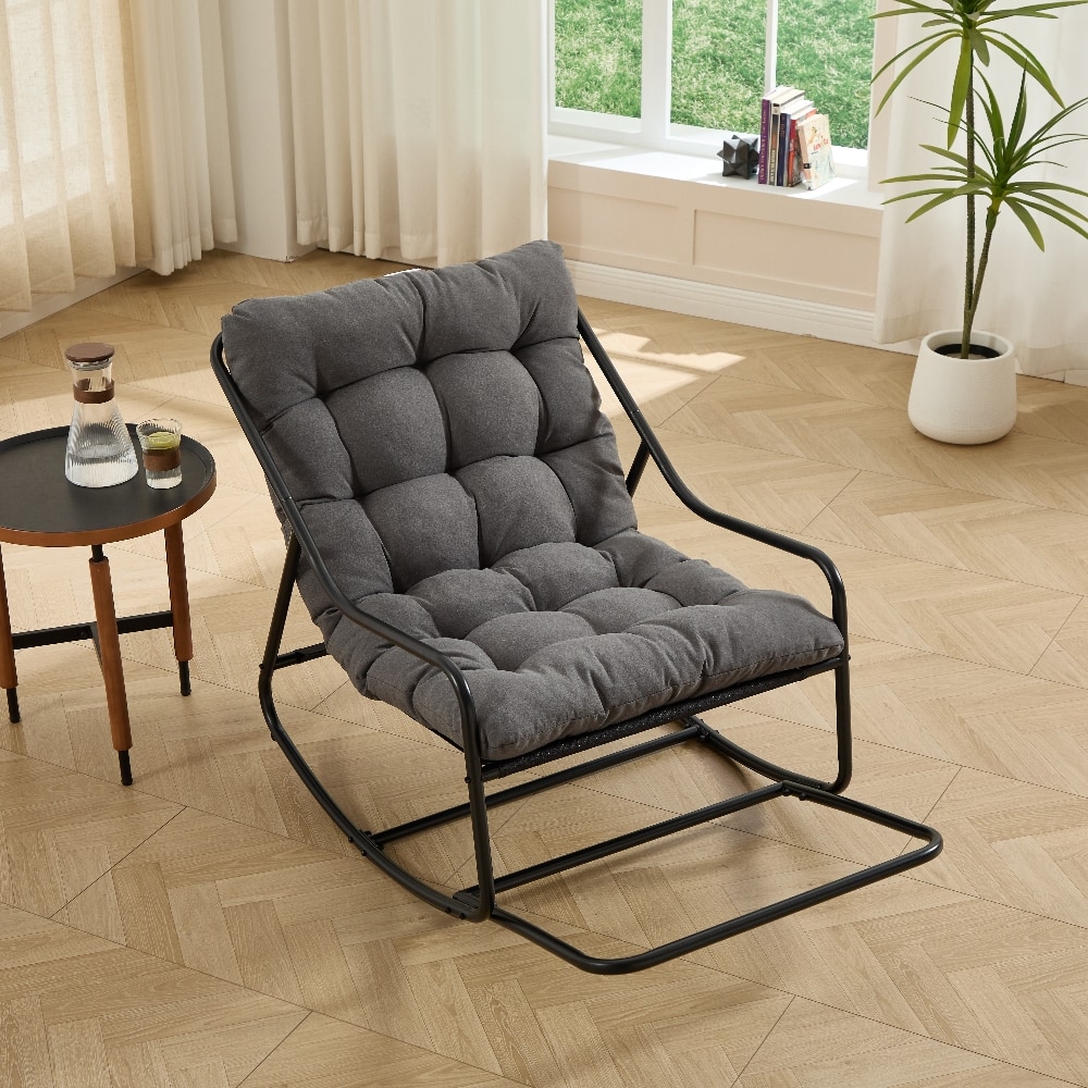 Loheer - Outdoor Rocking Chair with Thick Grey Cushion, Modern Black Steel Frame Patio Rocker for Living Room and Bedroom - Gray price history on PriceWatchPro