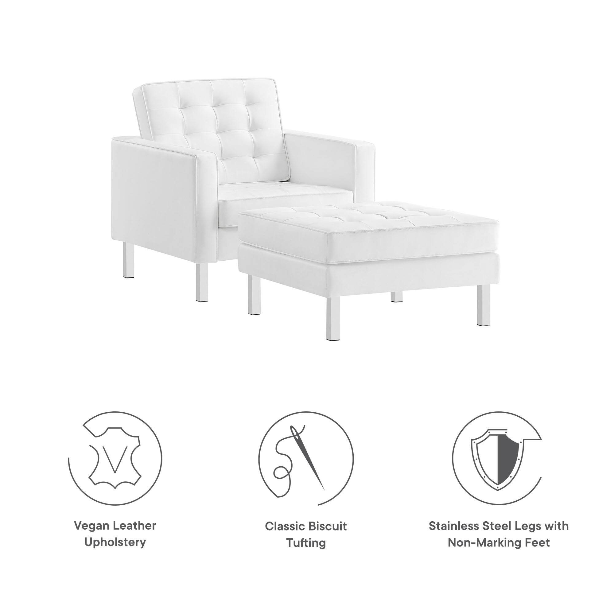 Vegan Leather Upholstery  
Classic Biscuit Tufting  
Stainless Steel Legs with Non-Marking Feet