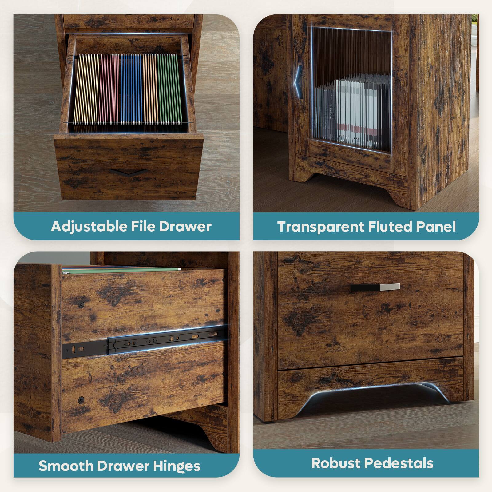 Adjustable File Drawer

Transparent Fluted Panel

Smooth Drawer Hinges

Robust Pedestals