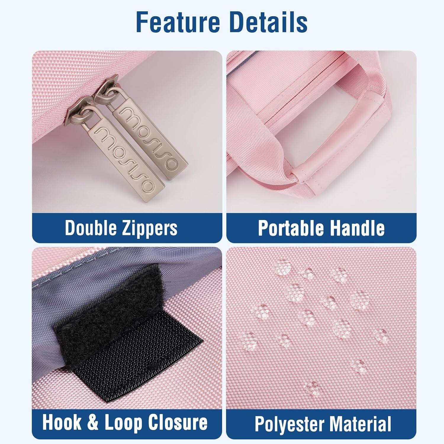 Feature Details  
- Double Zippers  
- Portable Handle  
- Hook & Loop Closure  
- Polyester Material