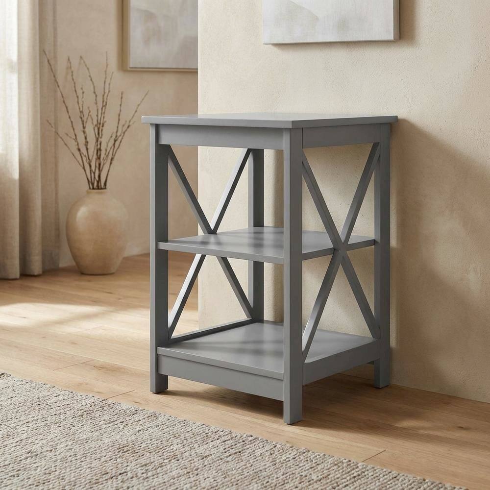 Alt View 1. FurniFact - Gray end table with storage shelves in transitional coastal style - Gray.