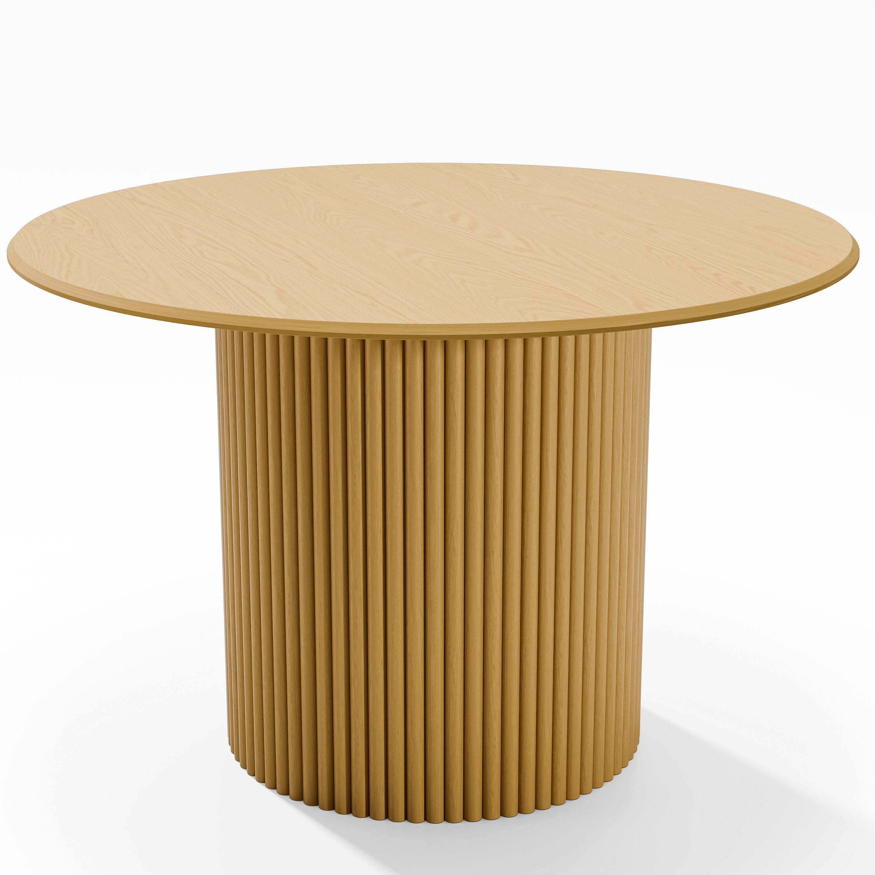 Angle. PexFix - Minimalist Farmhouse Duckbill Edge Round Solid Oak 46 in. W Slim-Stripe Base Kitchen & Dining Table Seats 4 - Natural.