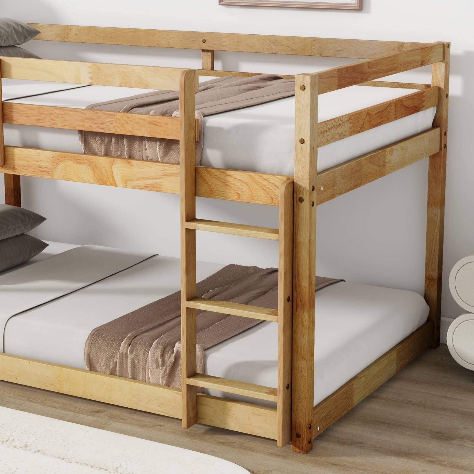 Alt View 5. Ecooso - Solid Wooden, Solid Rubber Wooden Twin over Twin Floor Bunk Bed with Ladder, with Bed Platform of Strengthened Slats - Natural.
