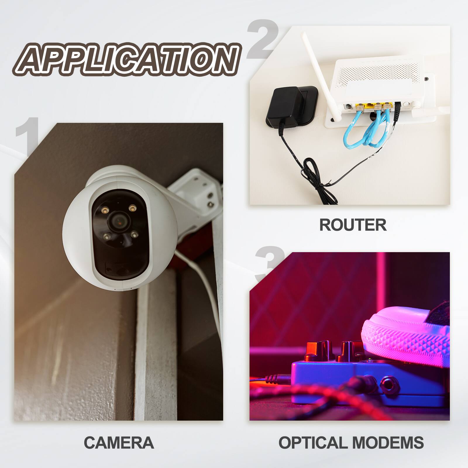 APPLICATION

1. CAMERA
2. ROUTER
3. OPTICAL MODEMS