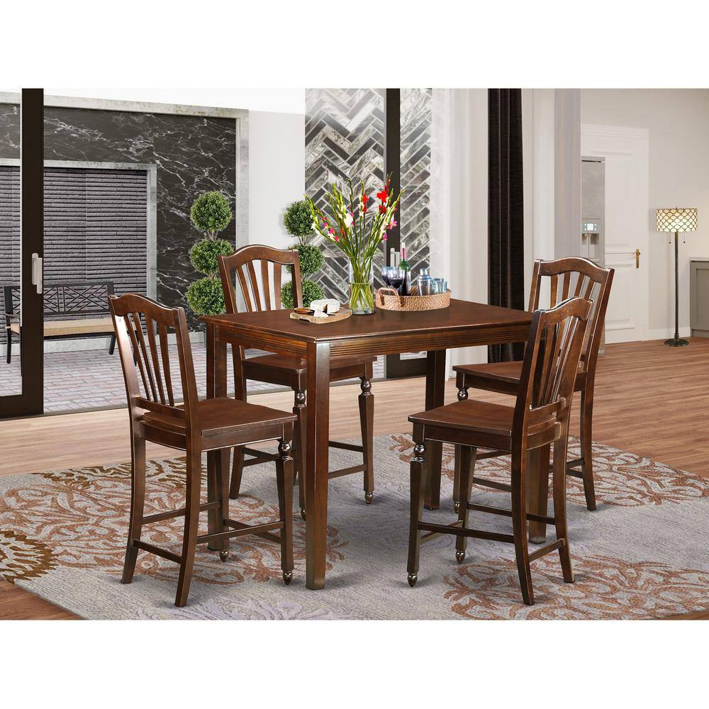 Back. East West Furniture - 5 Pc counter height Table and chair set-pub Table and 4 Dining Chairs. - Mahogany.
