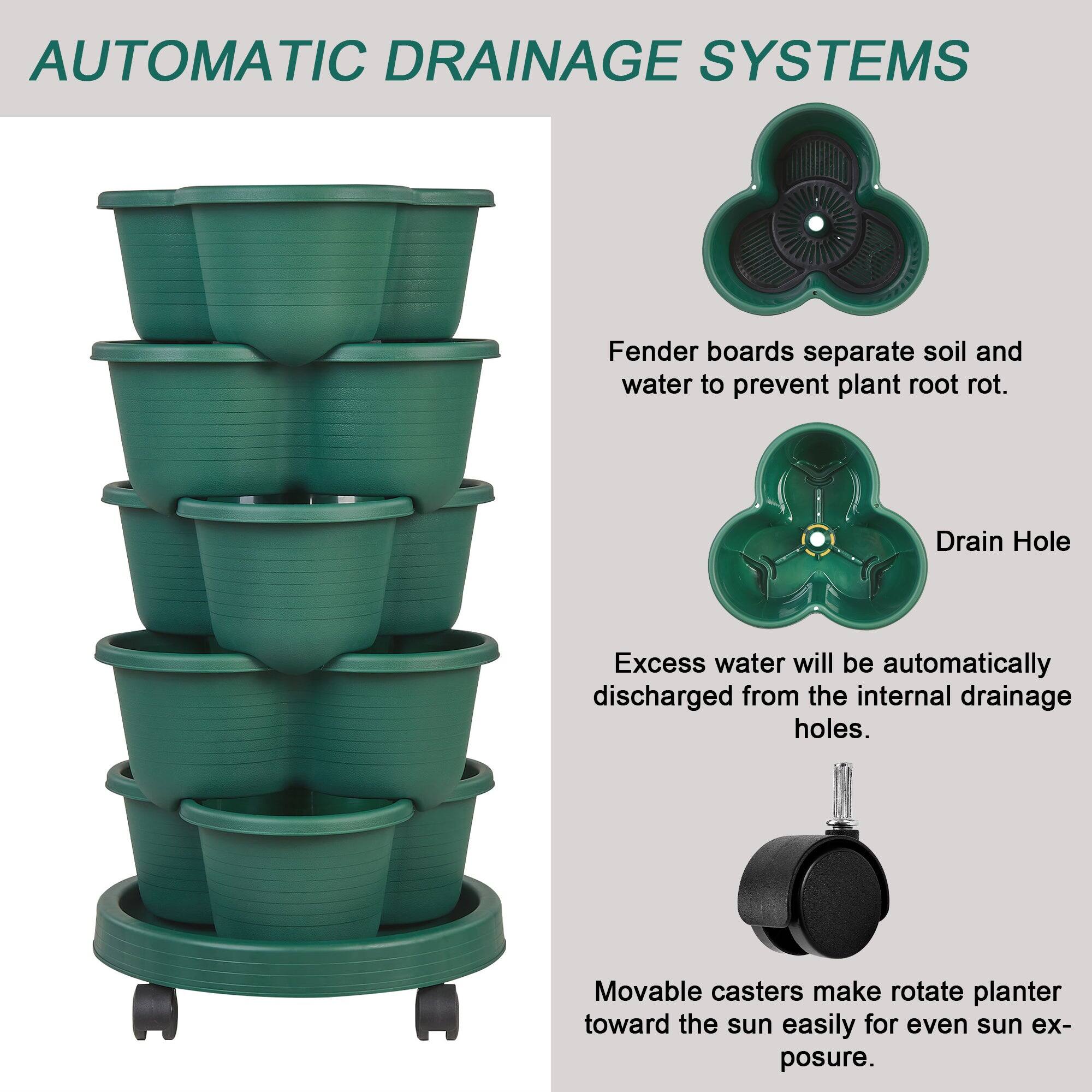 **AUTOMATIC DRAINAGE SYSTEMS**

- **Fender boards** separate soil and water to prevent plant root rot.
- **Drain Hole**: Excess water will be automatically discharged from the internal drainage holes.
- **Movable casters** make rotate planter toward the sun easily for even sun exposure.