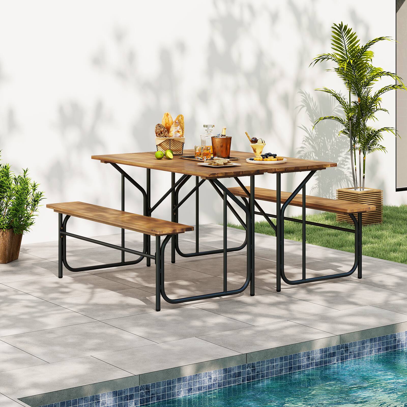 Alt View 3. Gymax - Gymax 2PCS Table Bench Set for 2 Picnic Table & Loveseat w/Acacia Wood Top Metal Legs - Black.