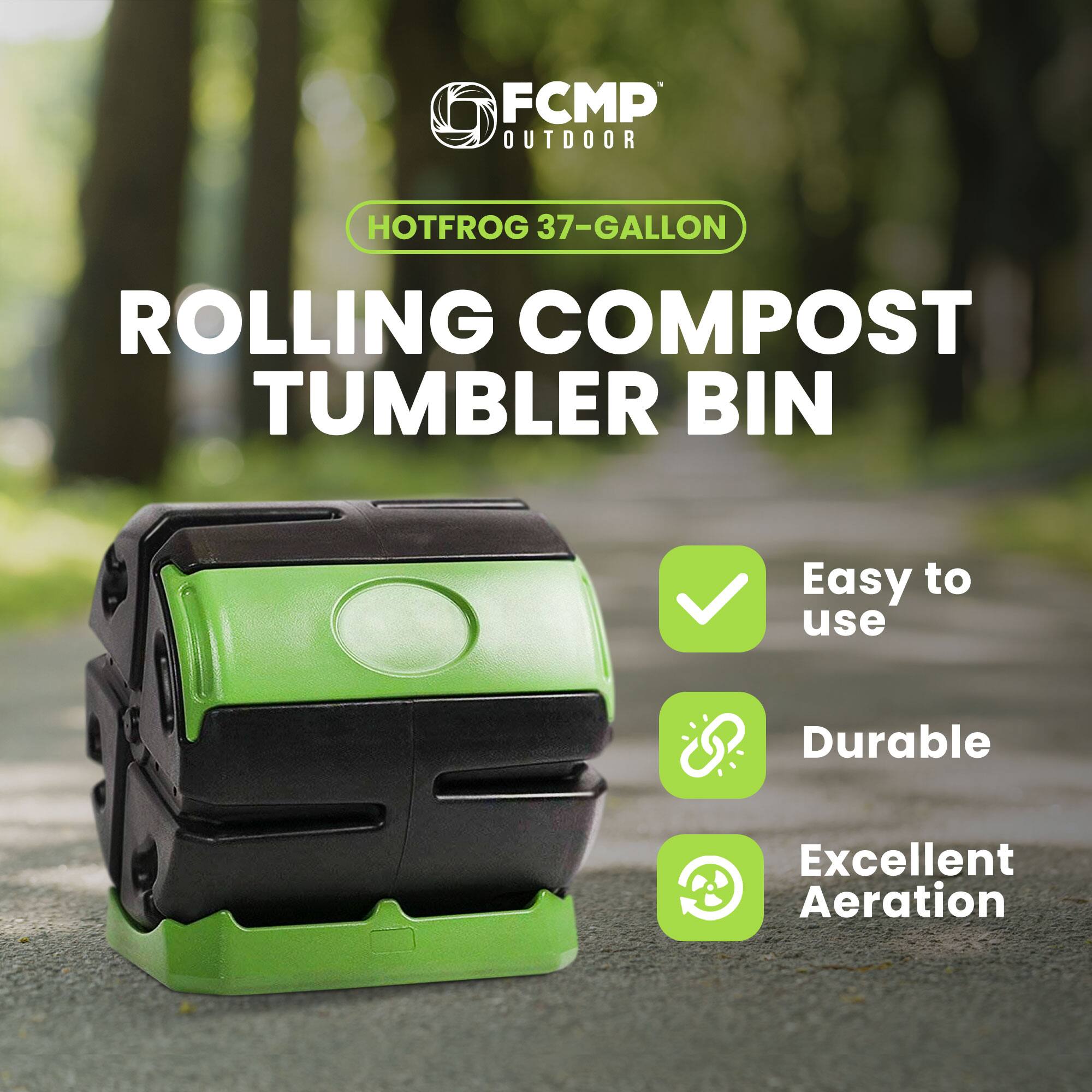 FCMP Outdoor  
HOTFROG 37-GALLON  
ROLLING COMPOST TUMBLER BIN  

- Easy to use  
- Durable  
- Excellent Aeration