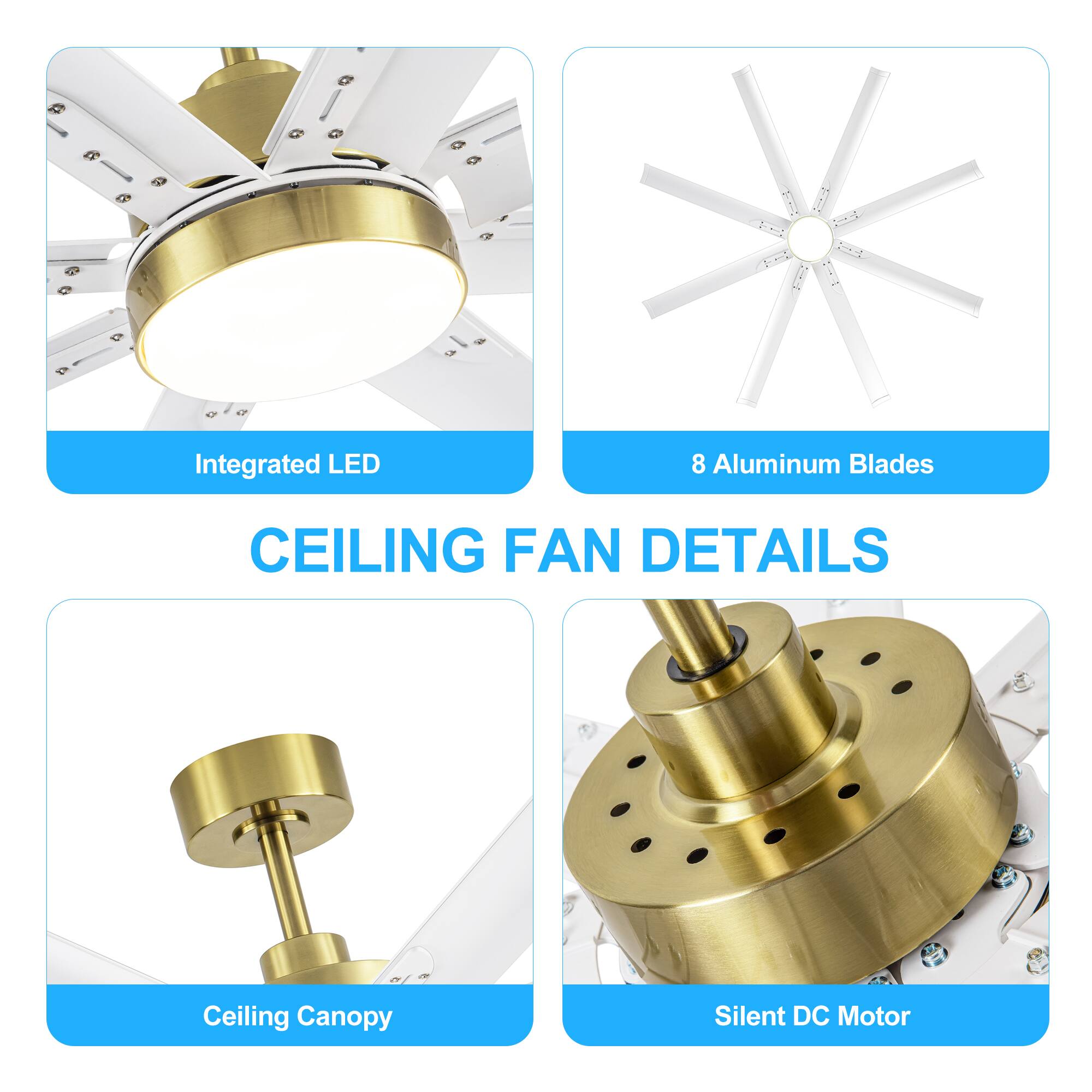 Integrated LED, 8 Aluminum Blades, Ceiling Canopy, Silent DC Motor