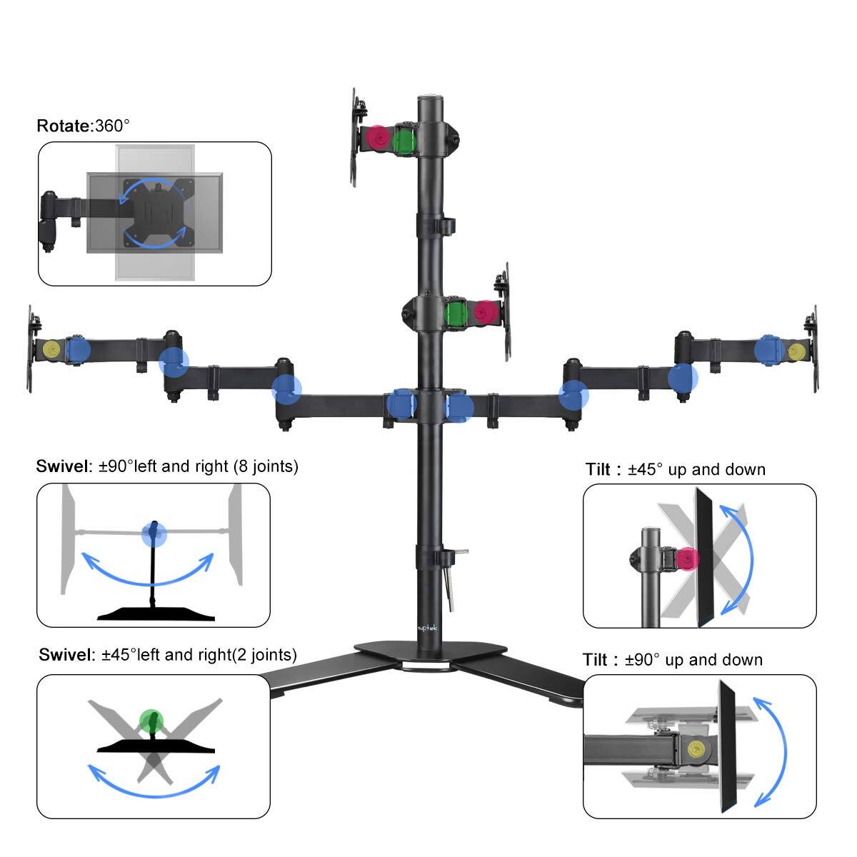 Rotate: 360°

Swivel: ±90° left and right (8 joints)

Swivel: ±45° left and right (2 joints)

Tilt: ±45° up and down

Tilt: ±90° up and down