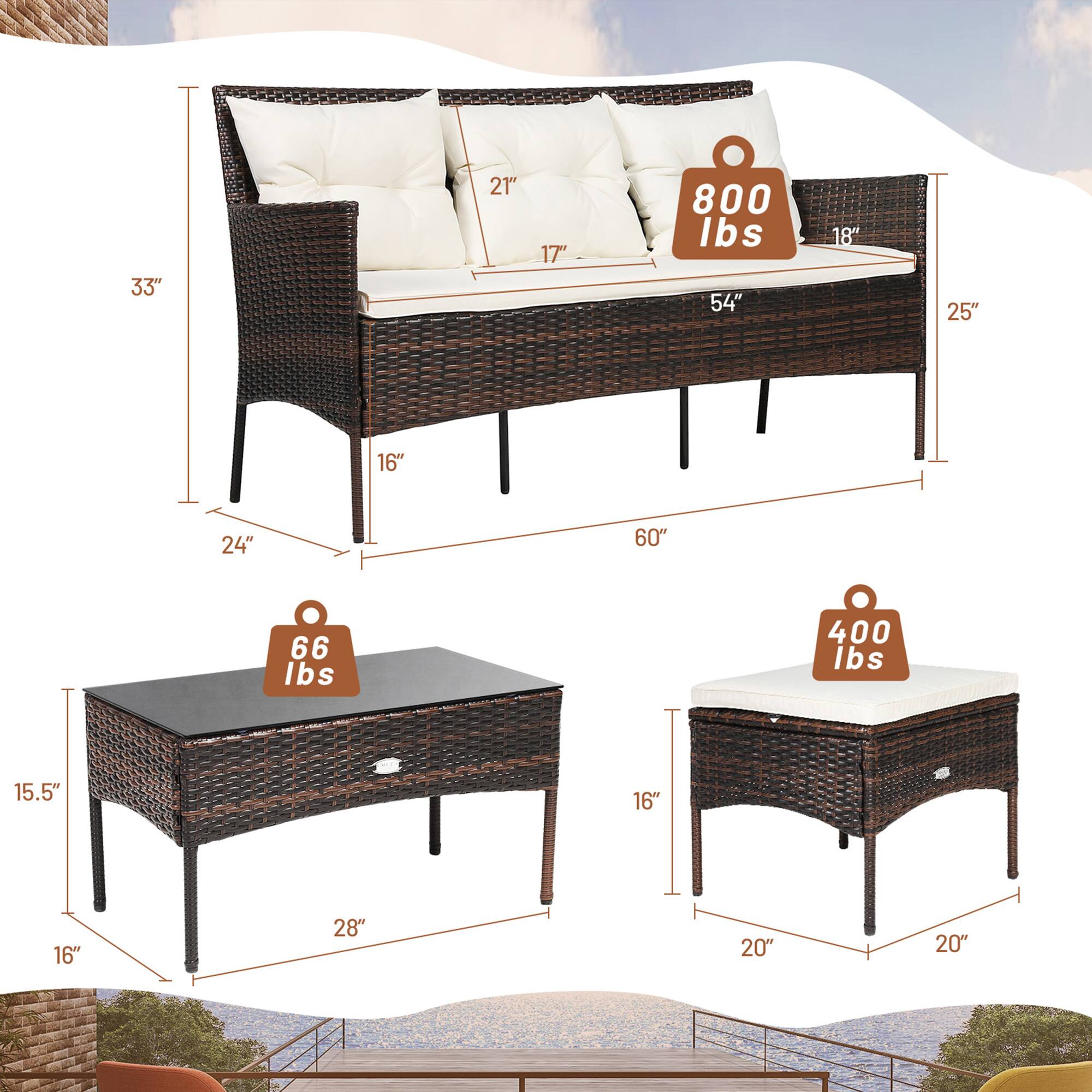 33", 21", 17", 800 lbs, 54", 18", 25", 16", 24", 60", 66 lbs, 15.5", 16", 16", 28", 20", 20", 400 lbs