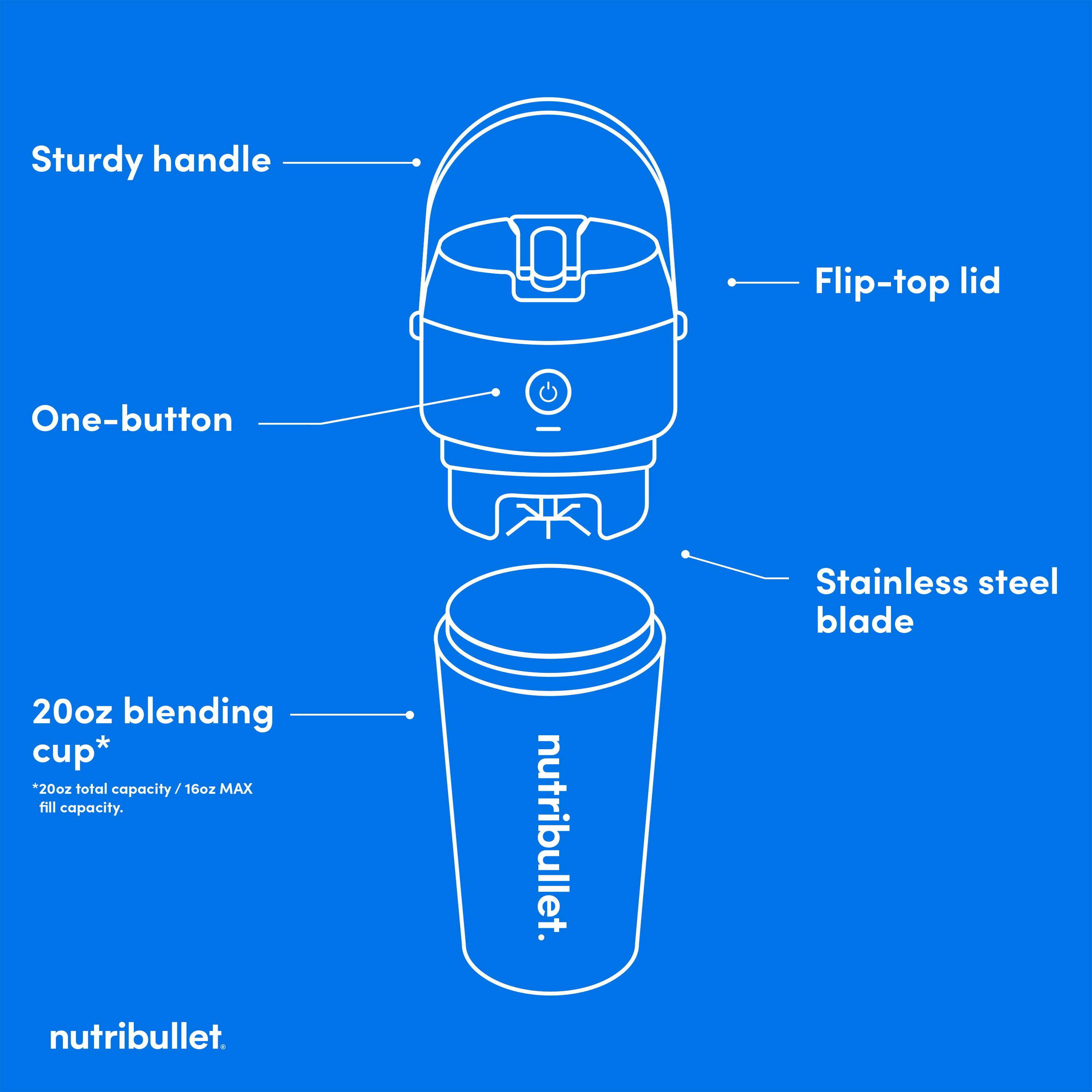 The image features a NutriBullet, which is a blender with a stainless steel blade. The blender has a sturdy handle and a flip-top lid, making it easy to use. It also has a one-button operation, which simplifies the blending process. The blender is designed to hold 20 oz of liquid, with a maximum capacity of 16 oz. The image is a close-up of the blender, showcasing its features and design.