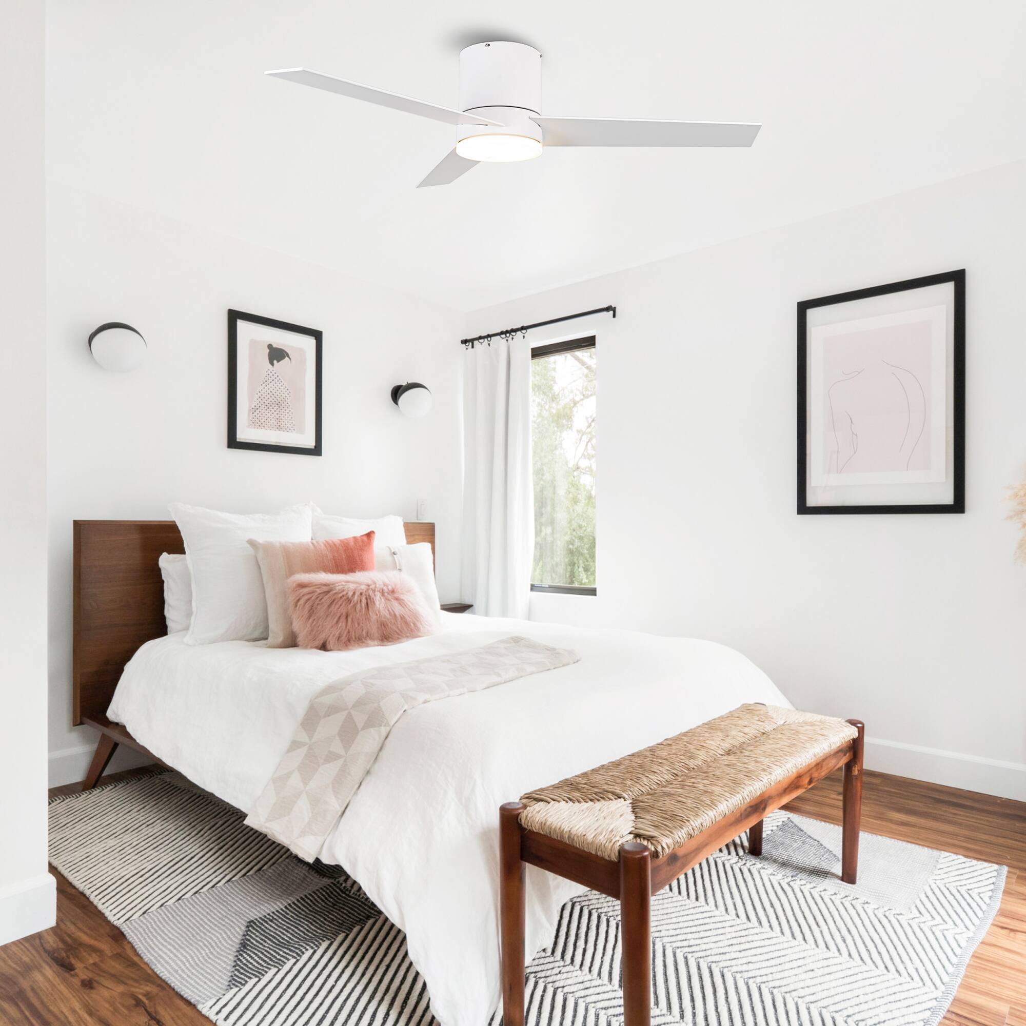 Back. Parrot Uncle - 48" Modern White LED Flush Mount Ceiling Fan with Remote Control - White.