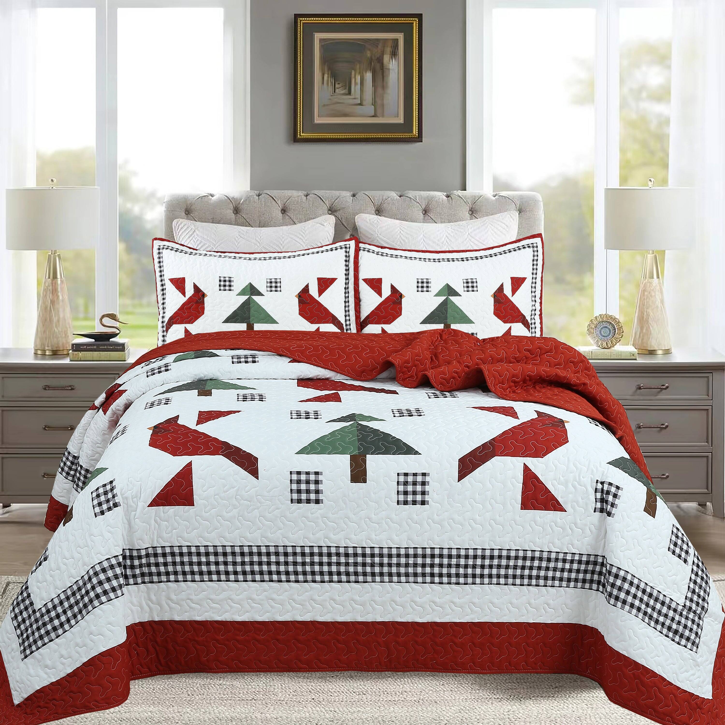 Front. MarCielo - MarCielo 3-Piece Winter Red Cardinals Christmas King Size Quilt Bedspread Set ME509 - Red.
