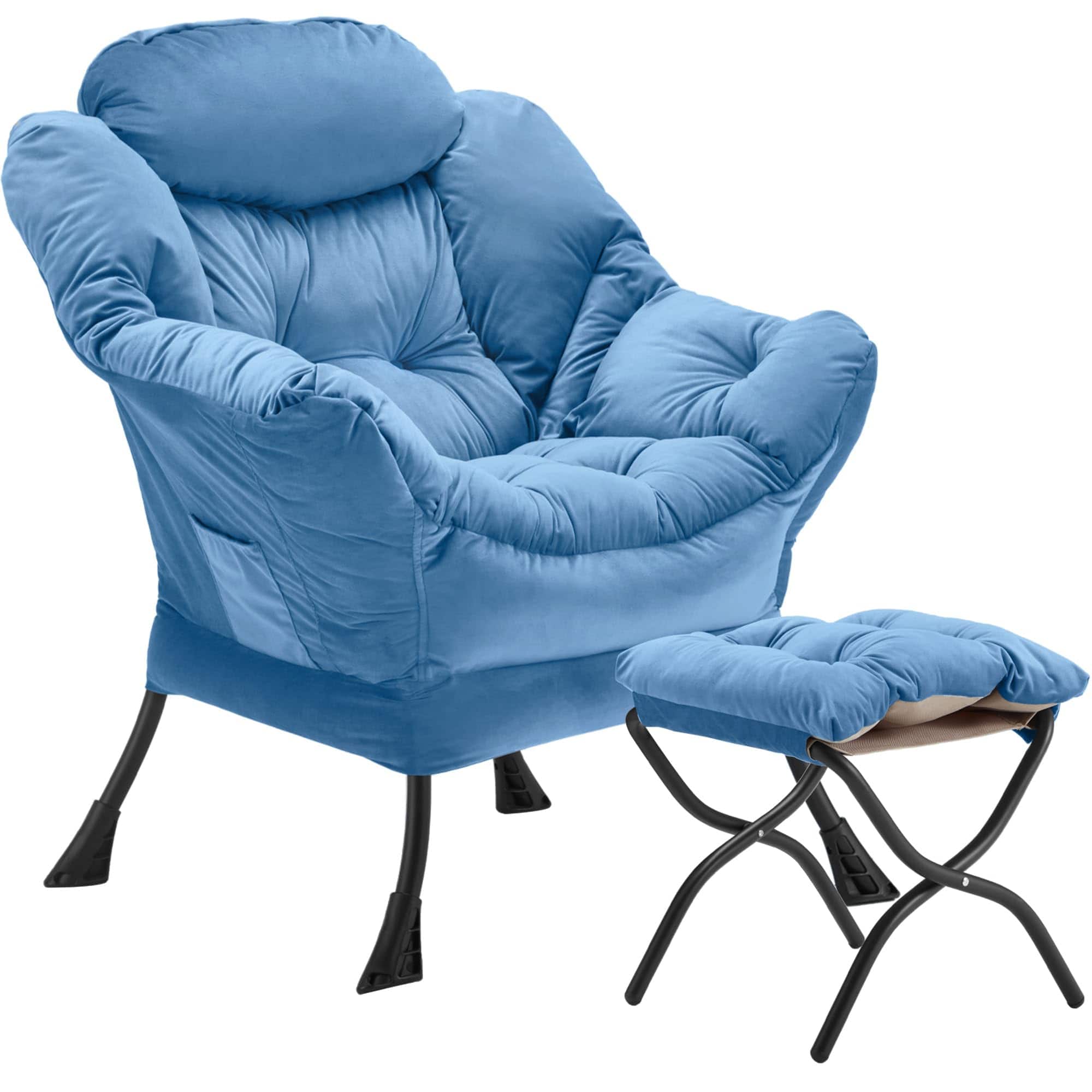 Fabibe - Lazy Chair, Modern Chair with Folding Footrest, Lounge Accent Chair,Comfortable Reading Chair - Light Blue-f