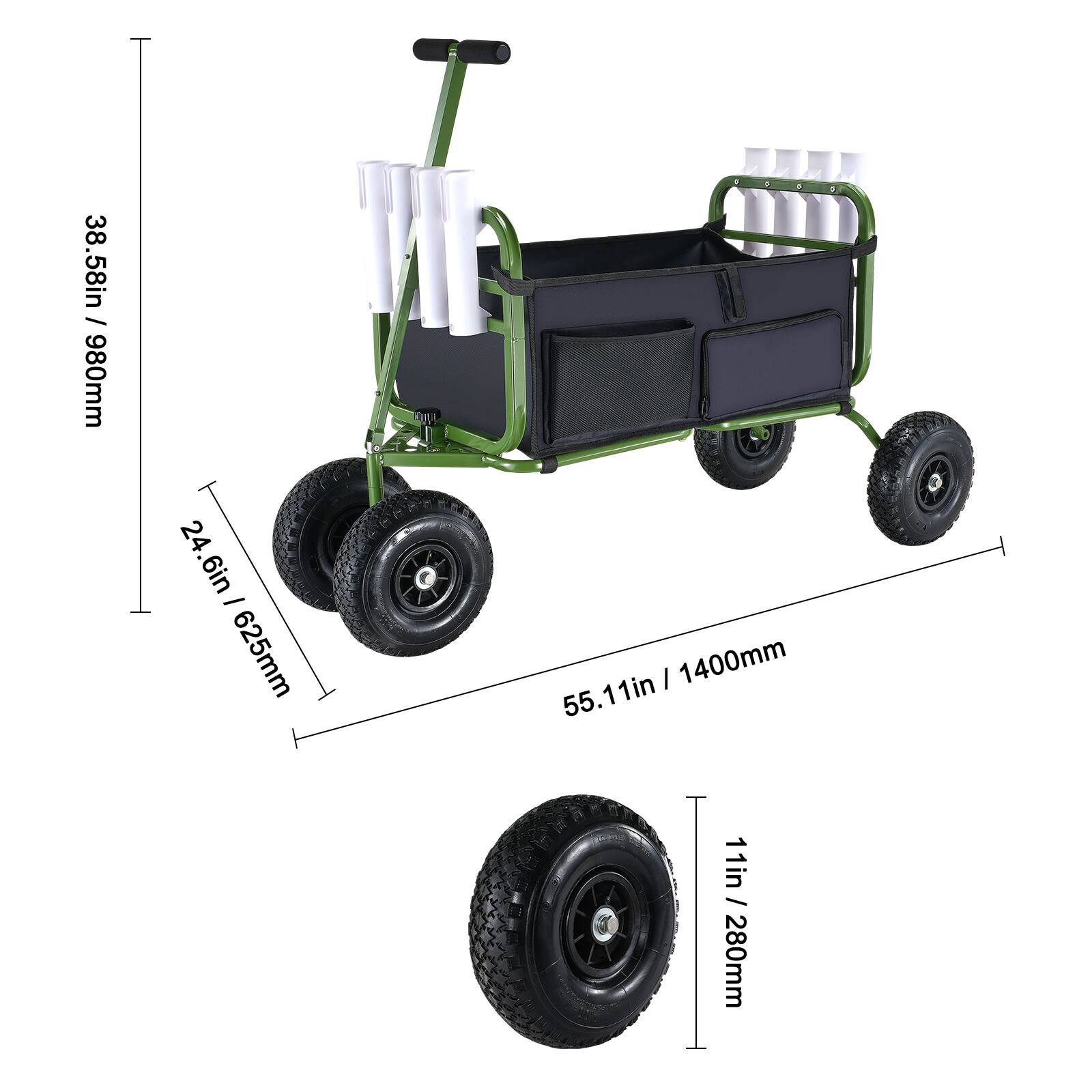 38.58in / 980mm, 24.6in / 625mm, 55.11in / 1400mm, 11in / 280mm