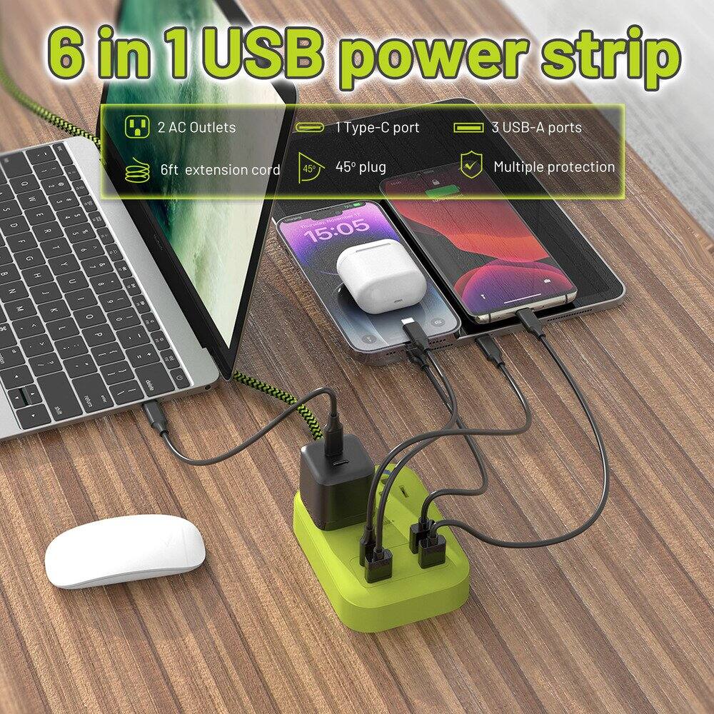 6 in 1 USB power strip  
2 AC Outlets  
1 Type-C port  
3 USB-A ports  
6ft extension cord  
45° plug  
Multiple protection