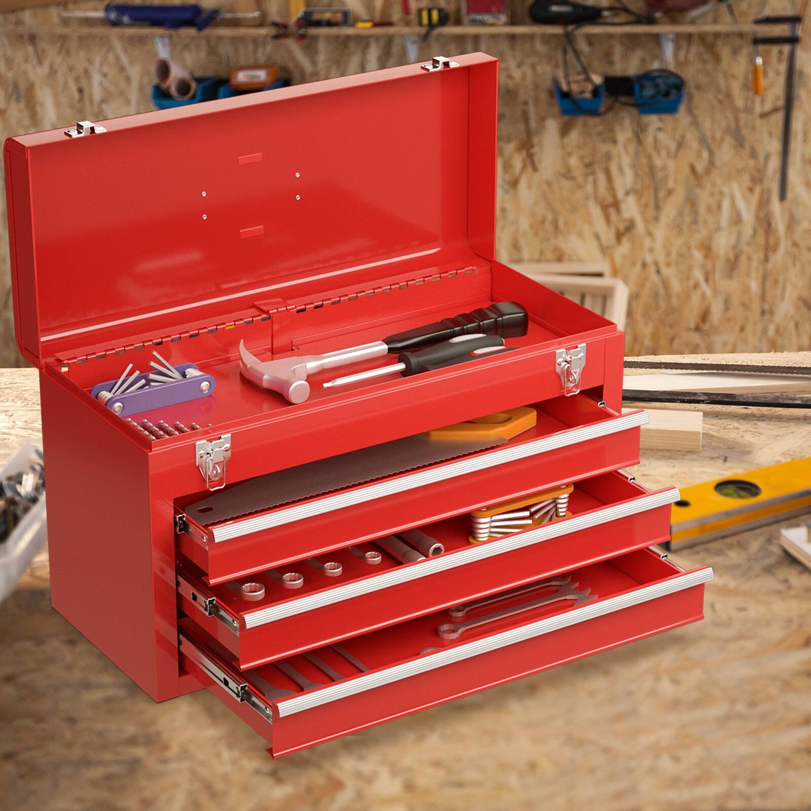 Alt View 8. Ecooso - Portable Garage Mechanic Tool Cabinet Box with 3 Drawers - Red.