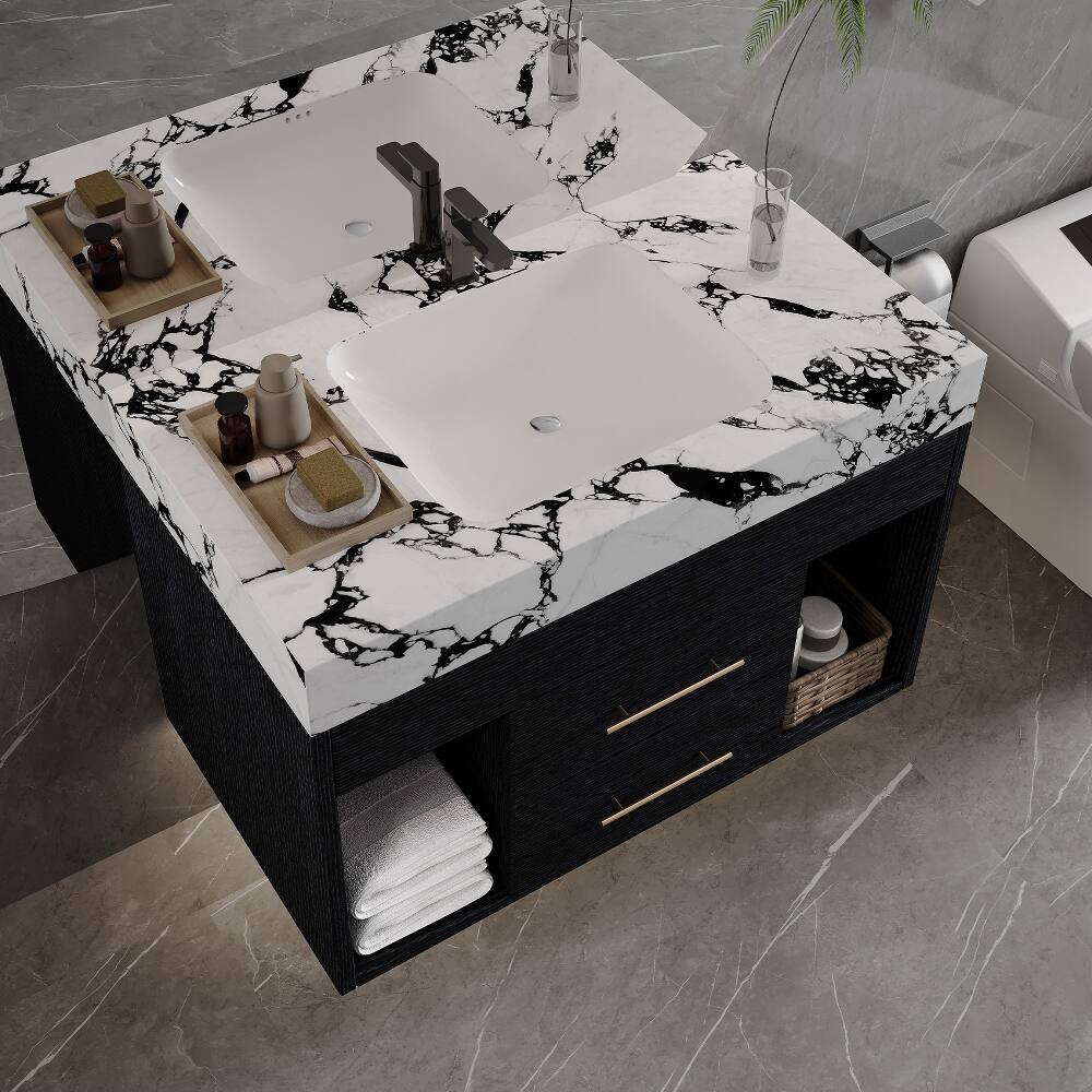 Front. Loheer - Loheer 29.9 inch floating bathroom vanity with sintered stone top and ceramic undermount sink for small bathrooms - Black.