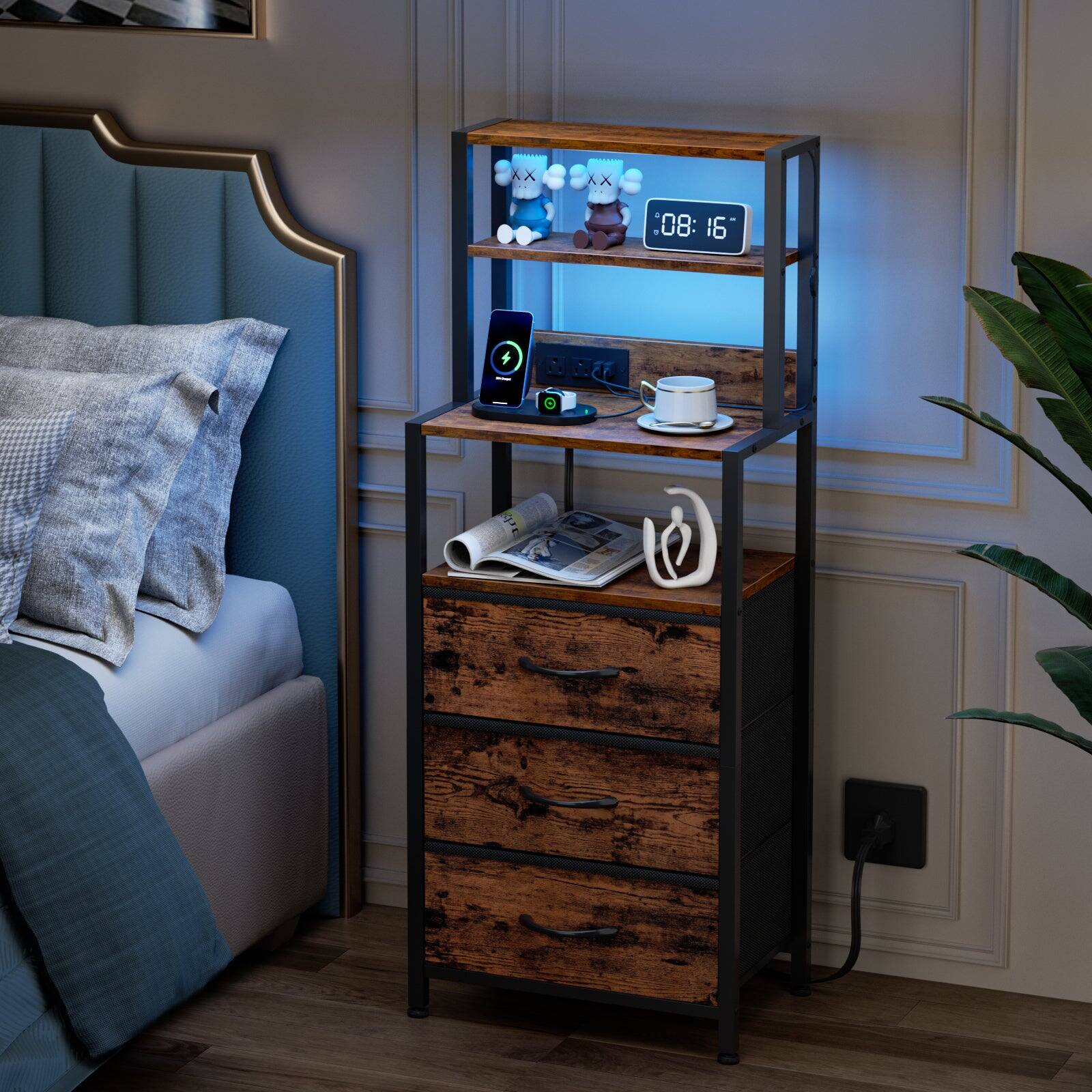 Furnulem - Nightstand with 3 Drawers Outlets Bedside Tables with USB Ports Open Shelf - Brown price history on PriceWatchPro