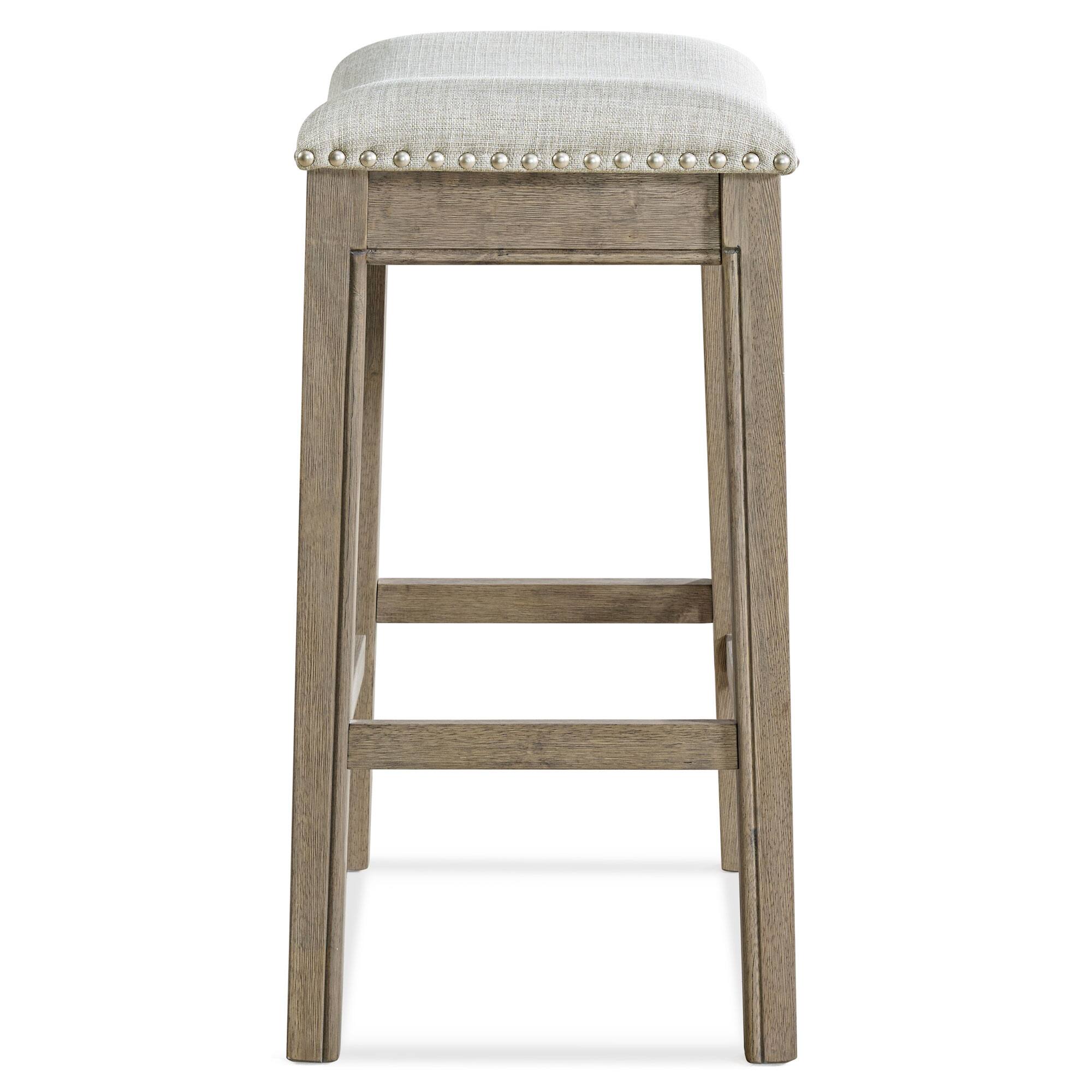 Alt View 7. ROME + OAK - ROME + OAK Parker Backless Kitchen Counter Stool, Oak, Grey Upholstery, Set of 4 - Reclaimed Oak/Grey - With Nailheads.