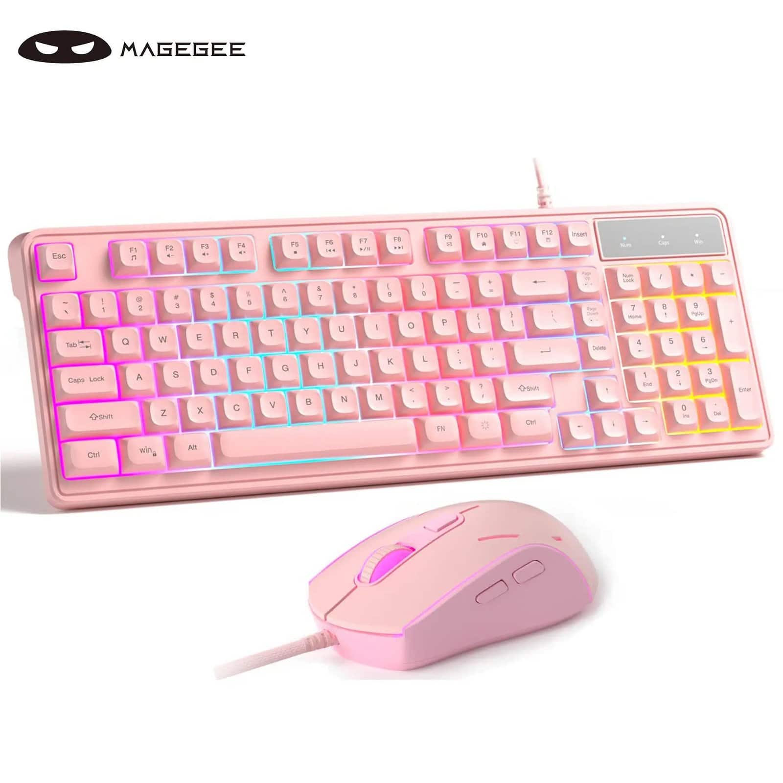 MageGee - 98-Key Silent RGB Keyboard & Mouse Combo - Quiet Wired Keyboard, Double-Shot Keycaps, Win/Mac - Pink