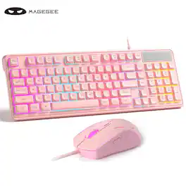 MageGee - 98-Key Silent RGB Keyboard & Mouse Combo - Quiet Wired Keyboard, Double-Shot Keycaps, Win/Mac - Pink