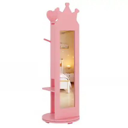 Front. Gymax - Gymax Kids Jewelry Cabinet Standing Children Jewelry Organizer w/ Full-Length Mirror Pink - Pink.