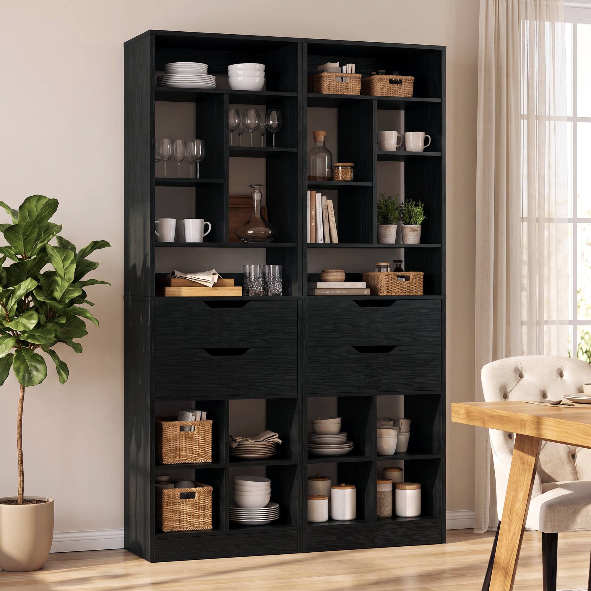 Alt View 1. Aheaplus - 80" Tall Narrow 2-Piece Bookshelf Set with 2 Drawers, 10-Shelf Storage Organizer for Small Spaces - Black.
