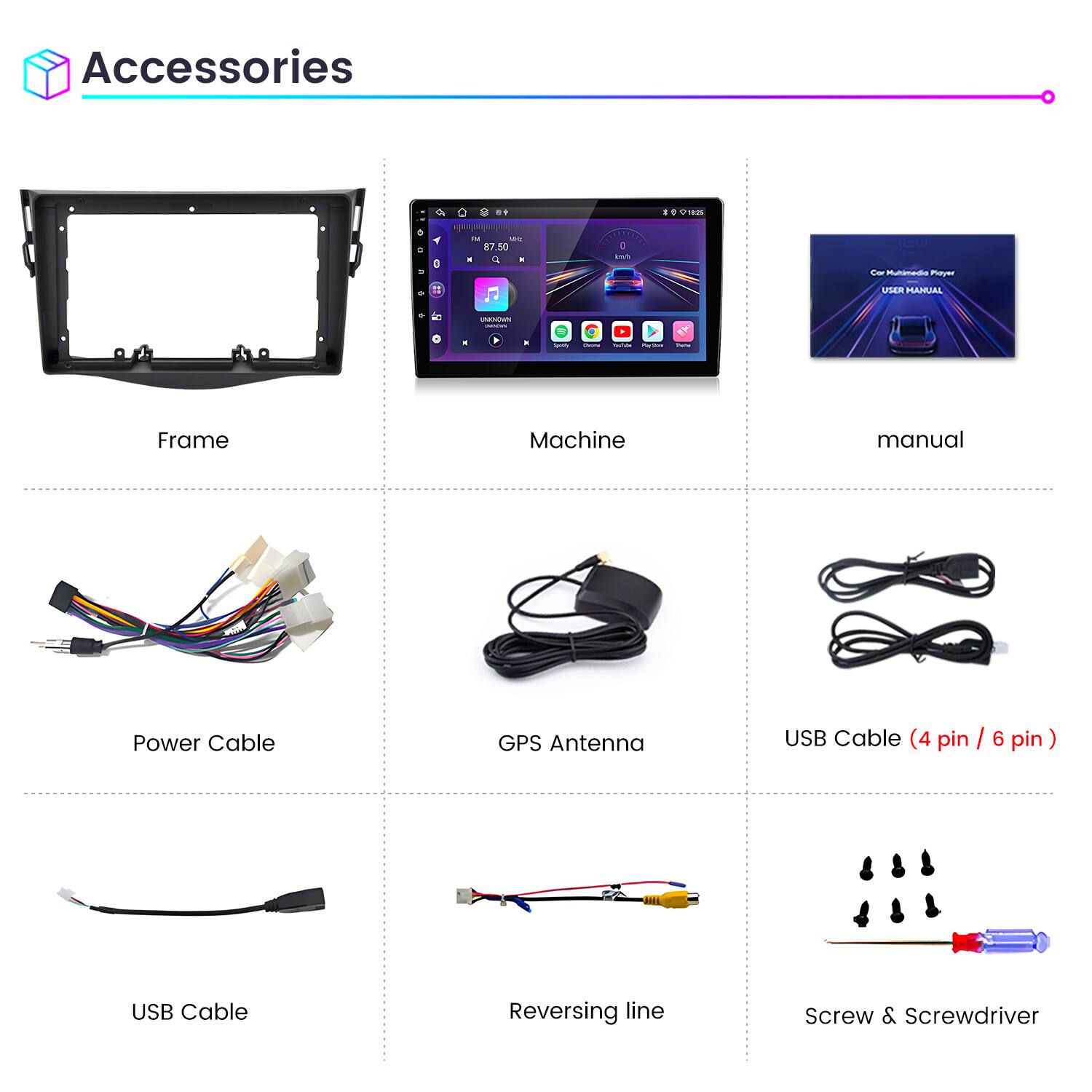 Accessories

- Frame
- Machine
- Manual
- Power Cable
- GPS Antenna
- USB Cable (4 pin / 6 pin)
- USB Cable
- Reversing line
- Screw & Screwdriver