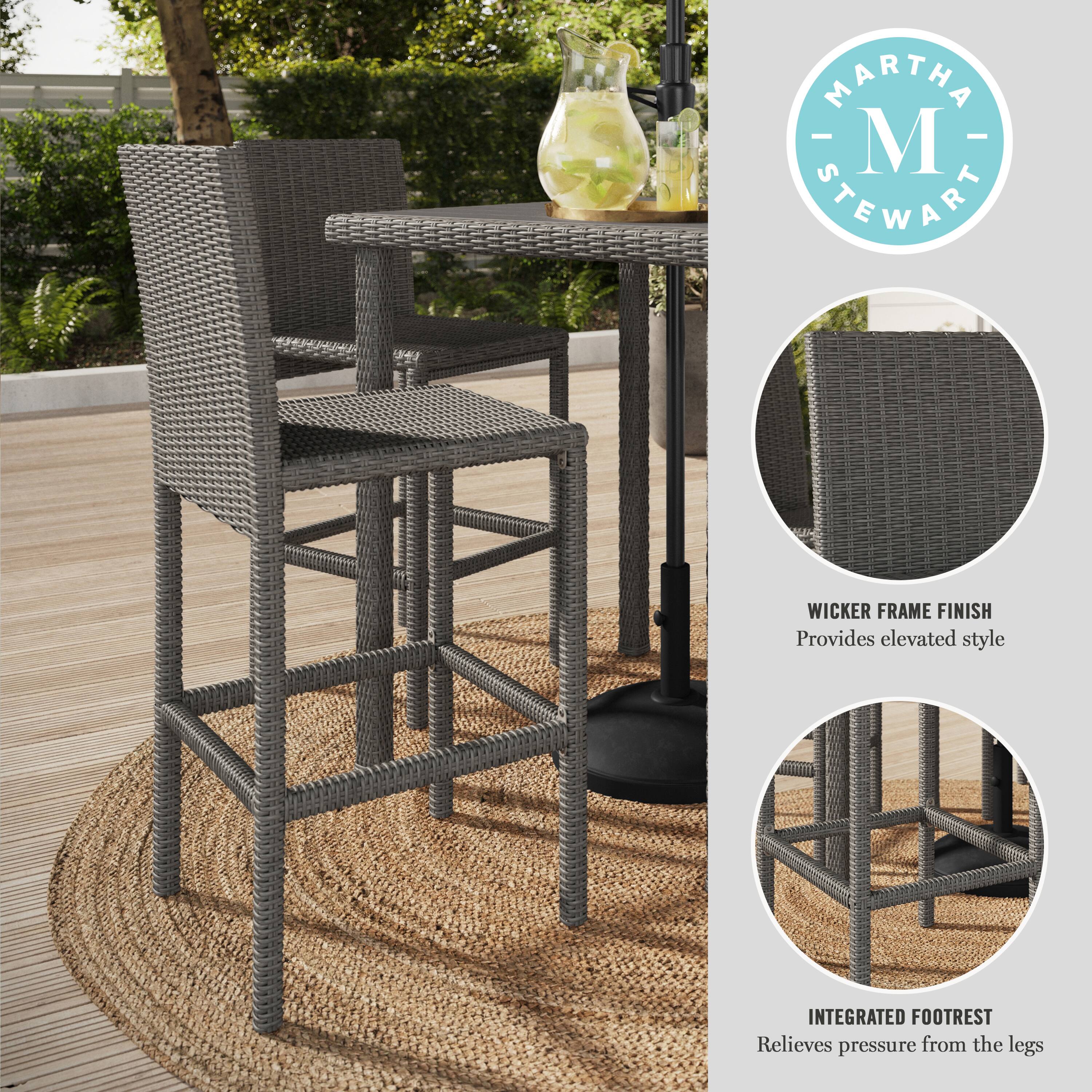 MARTHA STEWART WICKER FRAME FINISH Provides elevated style INTEGRATED FOOTREST Relieves pressure from the legs