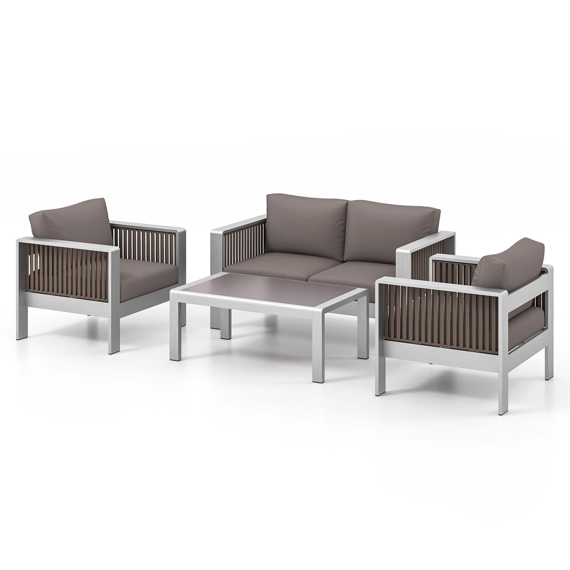 Gymax - 4 PCS Aluminum Patio Furniture Set w/ Thick Cushions & Tempered Glass Tabletop - Gray