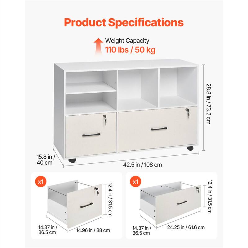 Product Specifications

Weight Capacity: 110 lbs / 50 kg

- Height: 28.8 in / 73.2 cm
- Width: 42.5 in / 108 cm
- Depth: 15.8 in / 40 cm

Drawer 1:
- Height: 12.4 in / 31.5 cm
- Width: 14.37 in / 36.5 cm
- Depth: 14.96 in / 38 cm

Drawer 2:
- Height: 12.4 in / 31.5 cm
- Width: 14.37 in / 36.5 cm
- Depth: 24.25 in / 61.6 cm