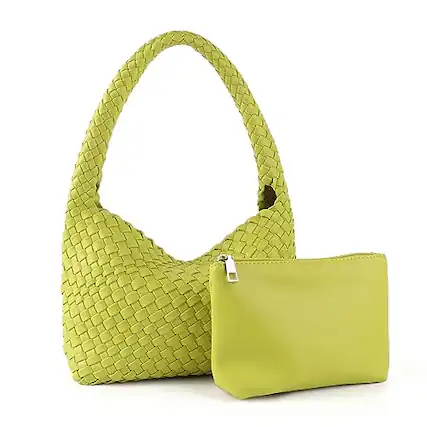 Front. Fabibe - Woven Handbag For Woman Vegan Leather Shoulder Bag And Purse Small Fashion Shopper Totes Ladies Underarm Bags - Yellow.