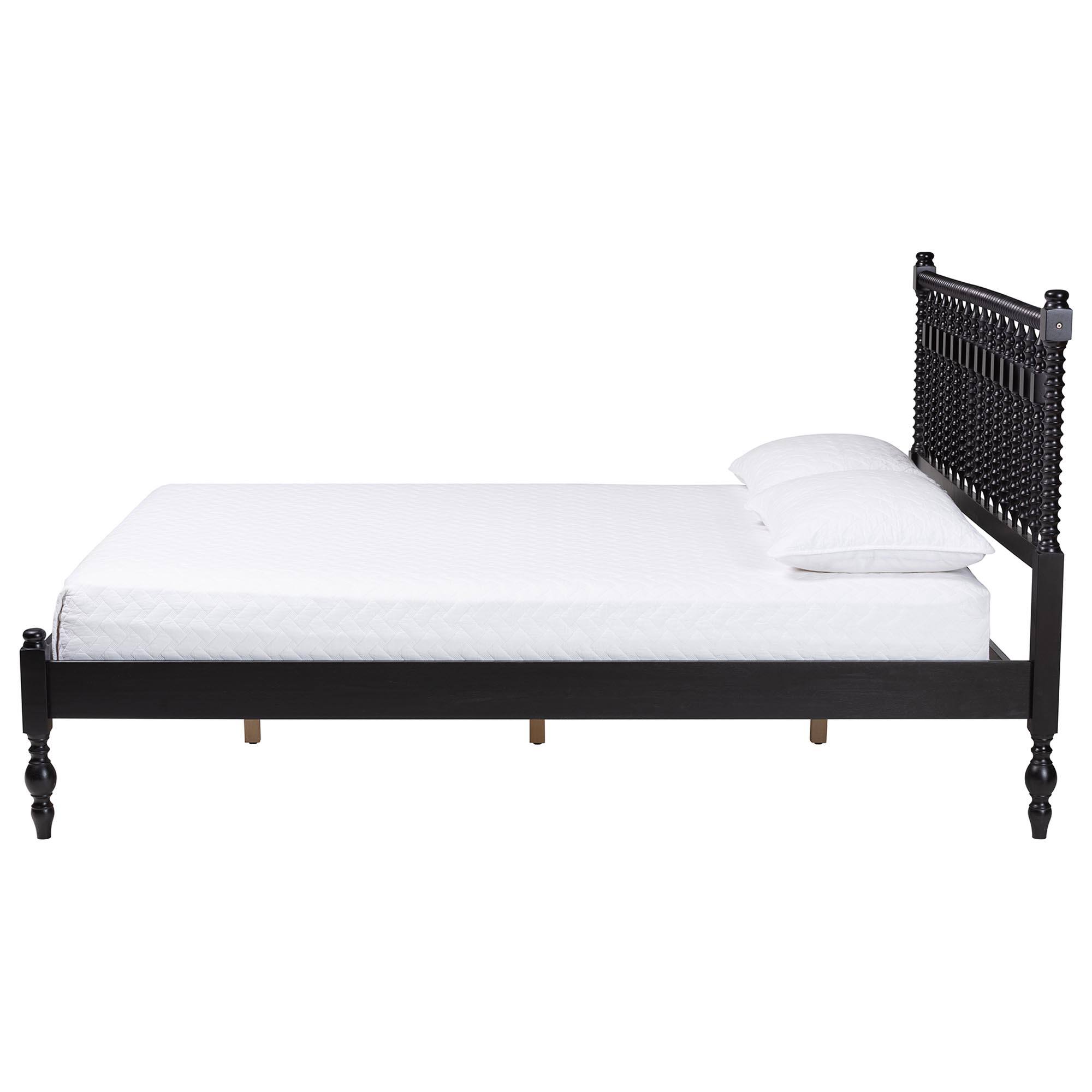 Angle. Baxton Studio - Callison Spindle Platform Bed - Turned Farmhouse Bed Frame with Spoked Headboard and Sculpted Legs, Queen - Black.