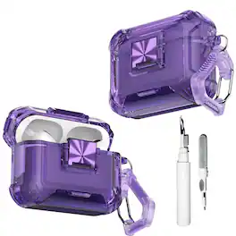 Dteck - Clear Case for Apple Airpods Pro 3rd Gen (2025) with Keychain Built-in Safety Lock/Phone Stand Rugged Earphone Cover - Purple