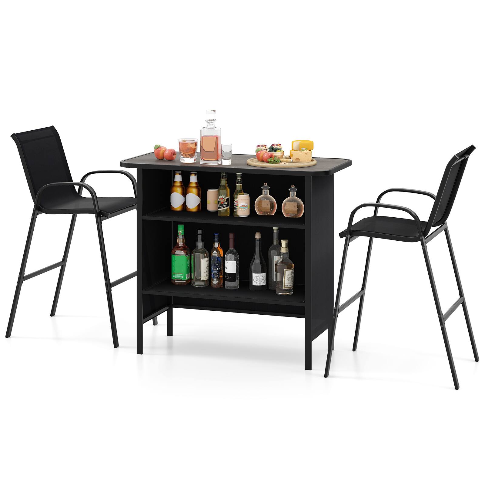 Alt View 5. Gymax - Gymax Set Of 3 Outdoor Bar Set Bar Height Table & Armchairs w/ Footrest 2-Tier Shelf Black - Black.