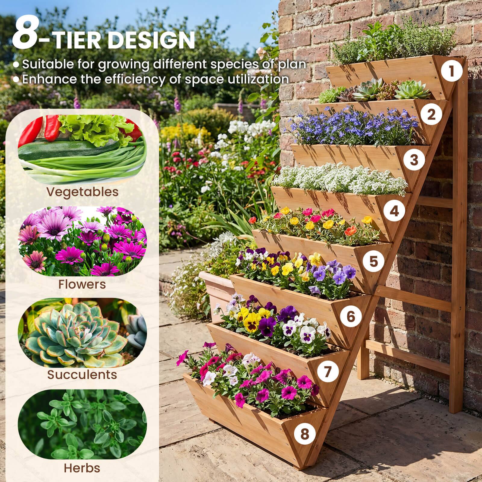 8-TIER DESIGN  
- Suitable for growing different species of plants  
- Enhance the efficiency of space utilization  

1. Vegetables  
2. Flowers  
3. Succulents  
4. Herbs