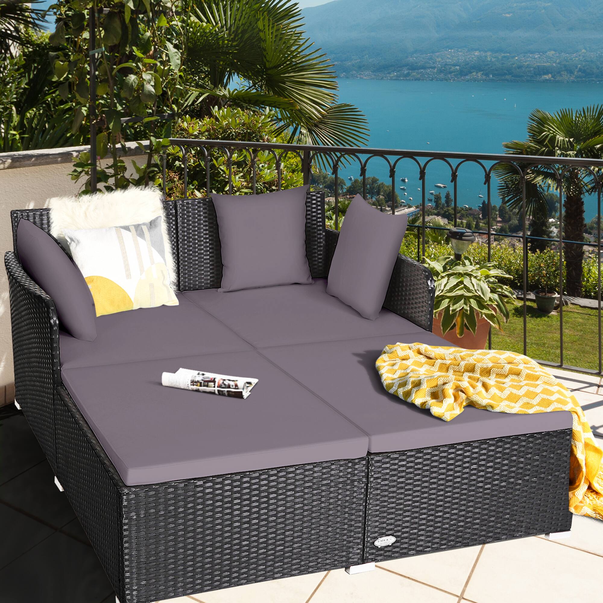 Front. Gymax - Gymax Rattan Patio Daybed Loveseat Sofa Yard Outdoor w/ Grey Cushions Pillows - Grey.