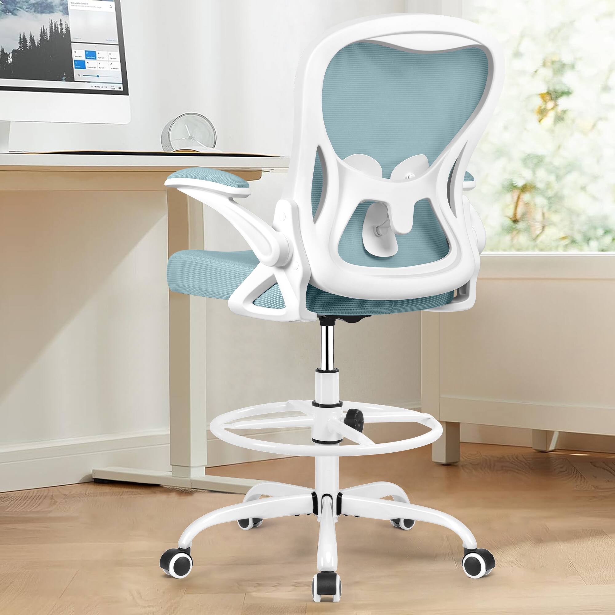 Alt View 6. Brick Attic - Drafting Chair, Tall Office Chair Ergonomic Desk Chair, Task Rolling Chair with Adjustable Flip-up Armrests Foot Ring - Light Blue.