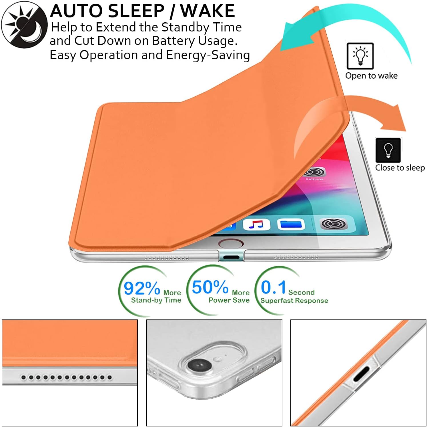 AUTO SLEEP / WAKE  
Help to Extend the Standby Time and Cut Down on Battery Usage.  
Easy Operation and Energy-Saving

Open to wake  
Close to sleep

92% More Stand-by Time  
50% More Power Save  
0.1 Second Superfast Response