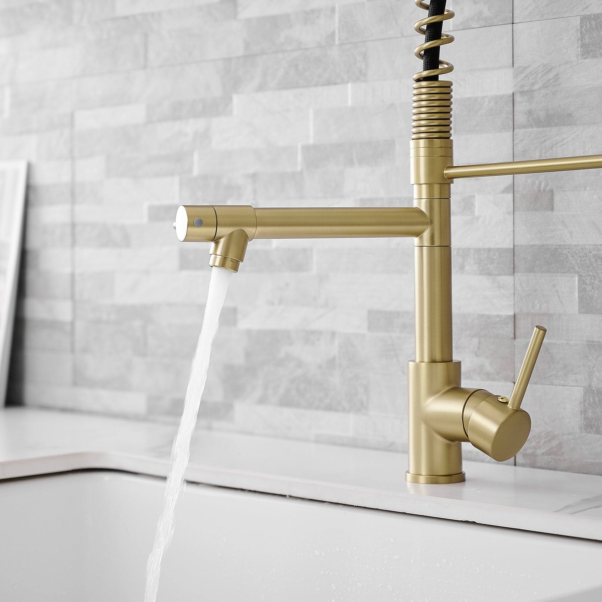 Alt View 4. Boyel Living - Brushed Gold 2 Spray Patterns Single Handle No Sensor Pull Down Sprayer Kitchen Faucet with Pot Filler - Brushed Gold.