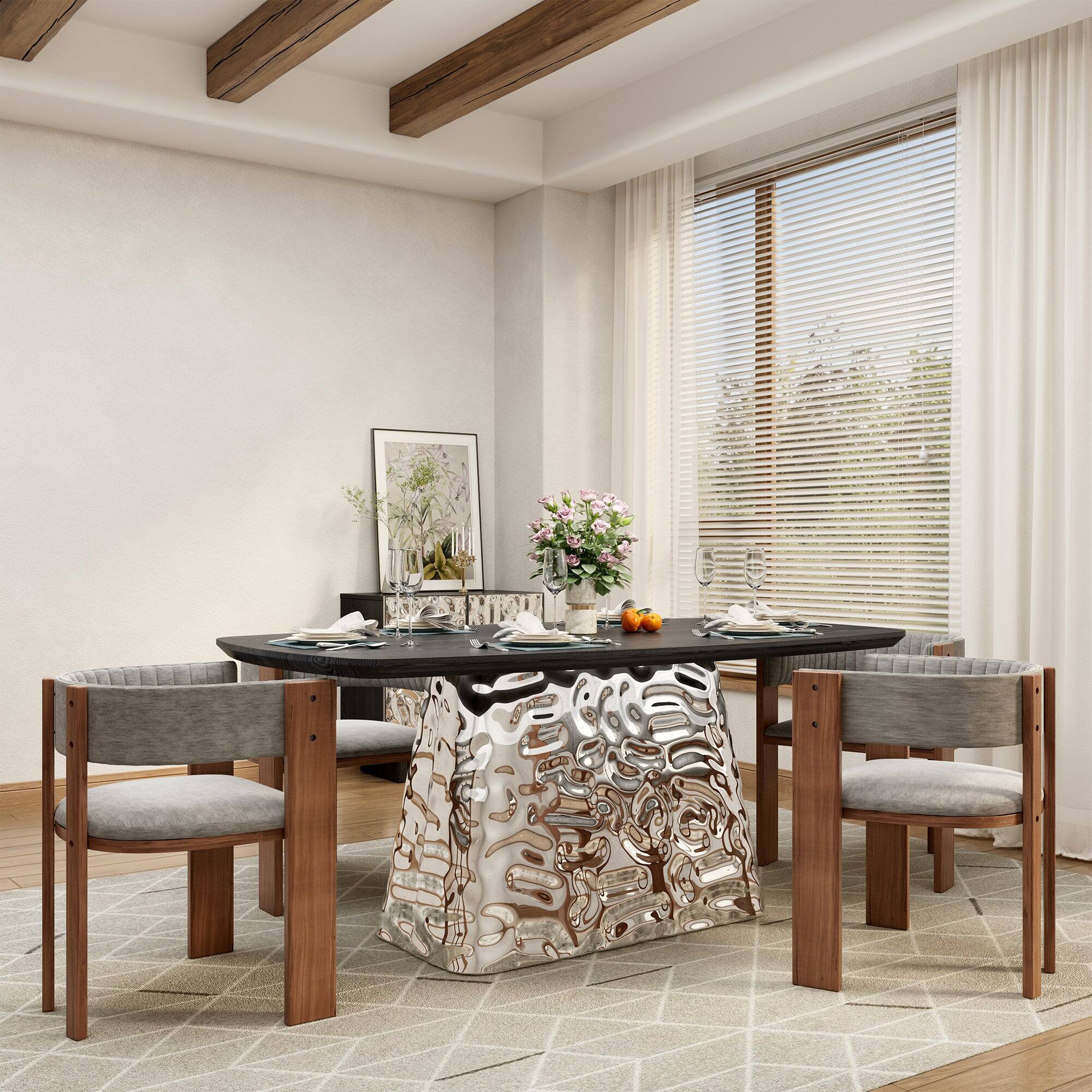 Alt View 2. Boyel Living - Silver and Black Wood 70.87 Inch Pedestal Dining Table Seats 6 Modern Luxury Stainless Steel Base - Multi-Colored.