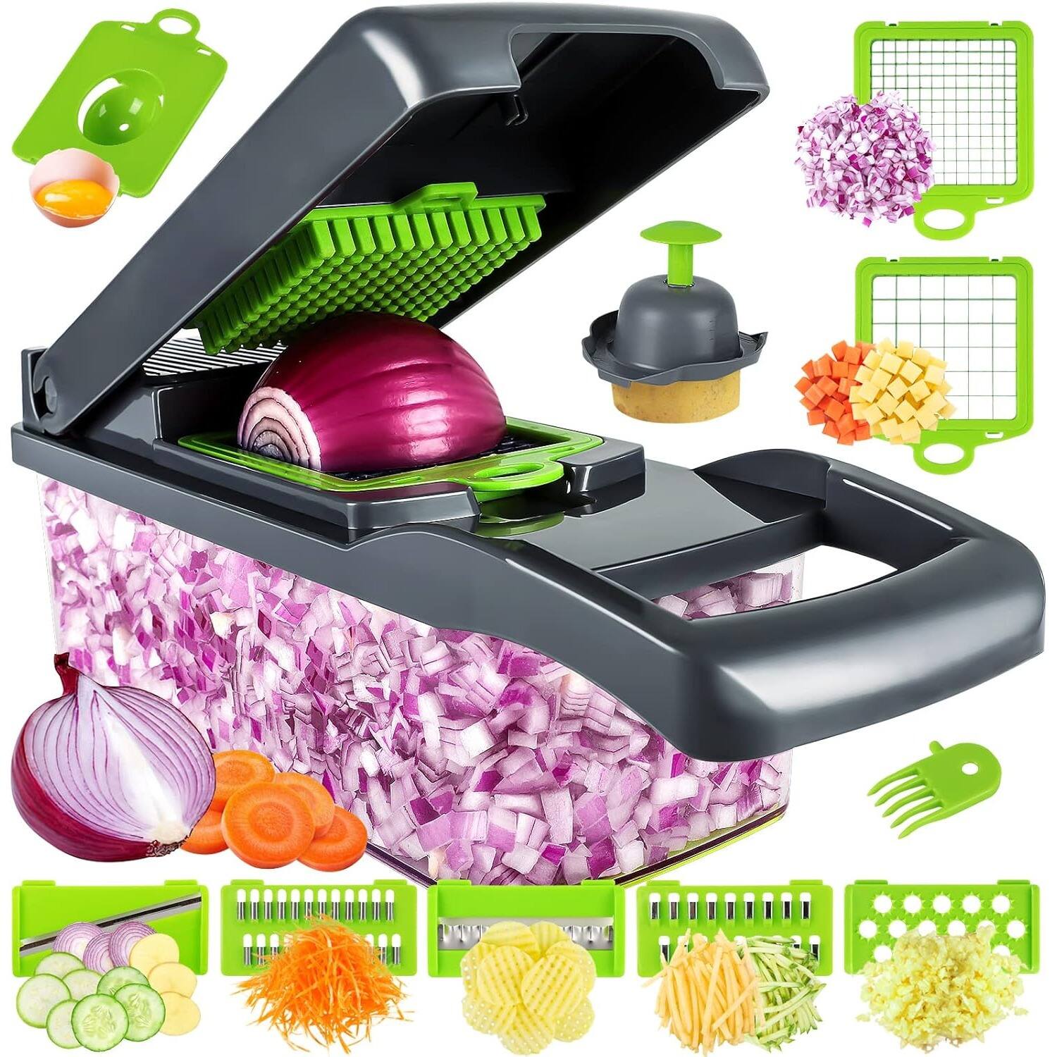 Front. PARKER SLATER - 13-in-1 Vegetable Chopper with 8 Blades, Multifunctional Onion Cutter, Slicer, Dicer, and Container for Kitchen Use. - Green.