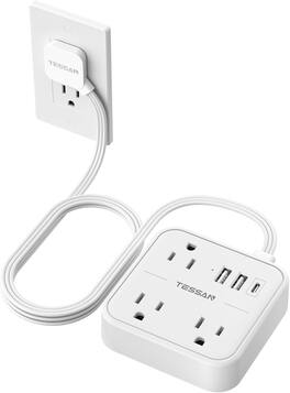 TESSAN - 5 Ft Extension Cord Small 45° Flat Plug Surge Protector Power Strip 3 AC outlets with 3 USB (1 USB C) - White