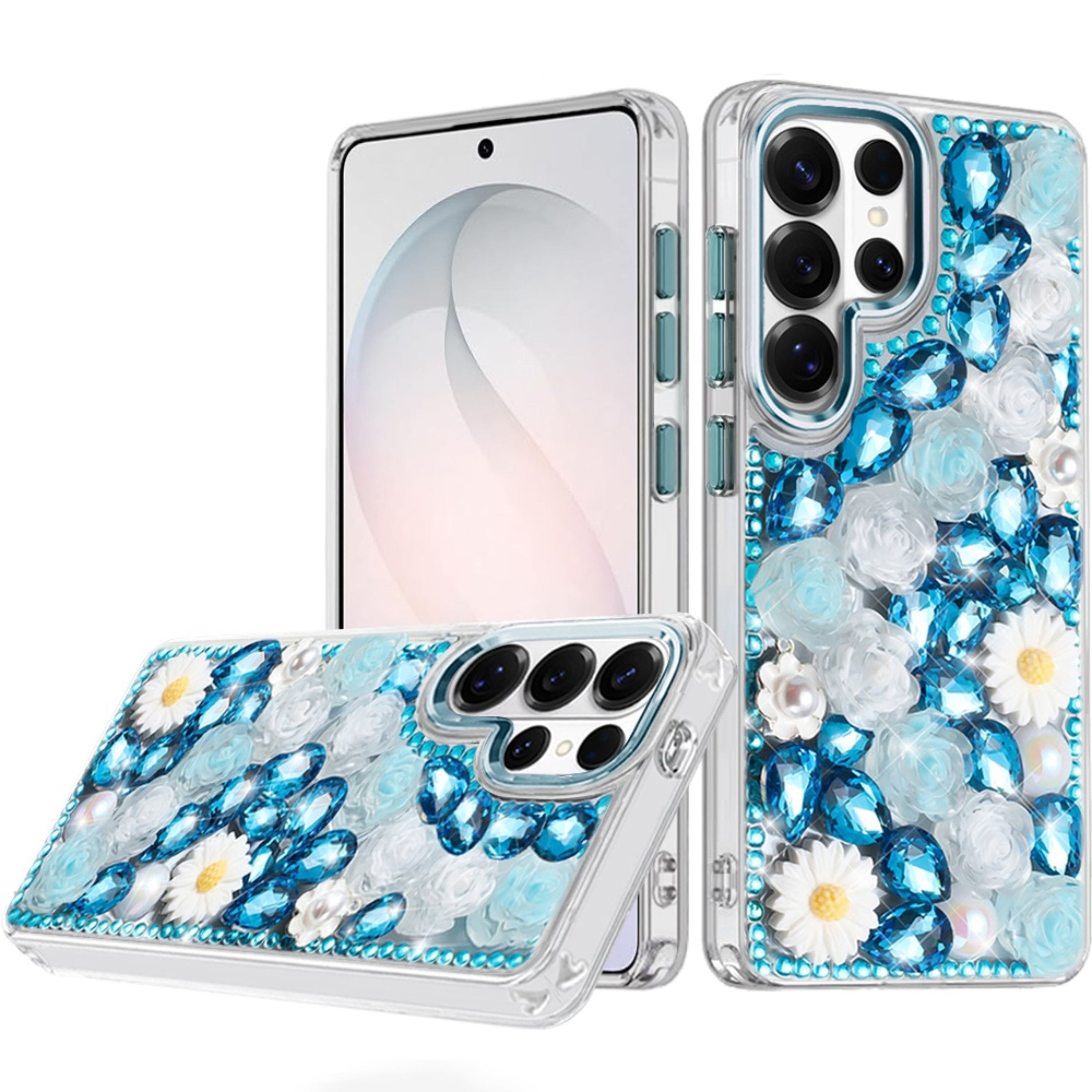 Kitcheniva - 3D Floral Rhinestone Jewel Case With Tempered Glass For Samsung S26 Ultra - Blue