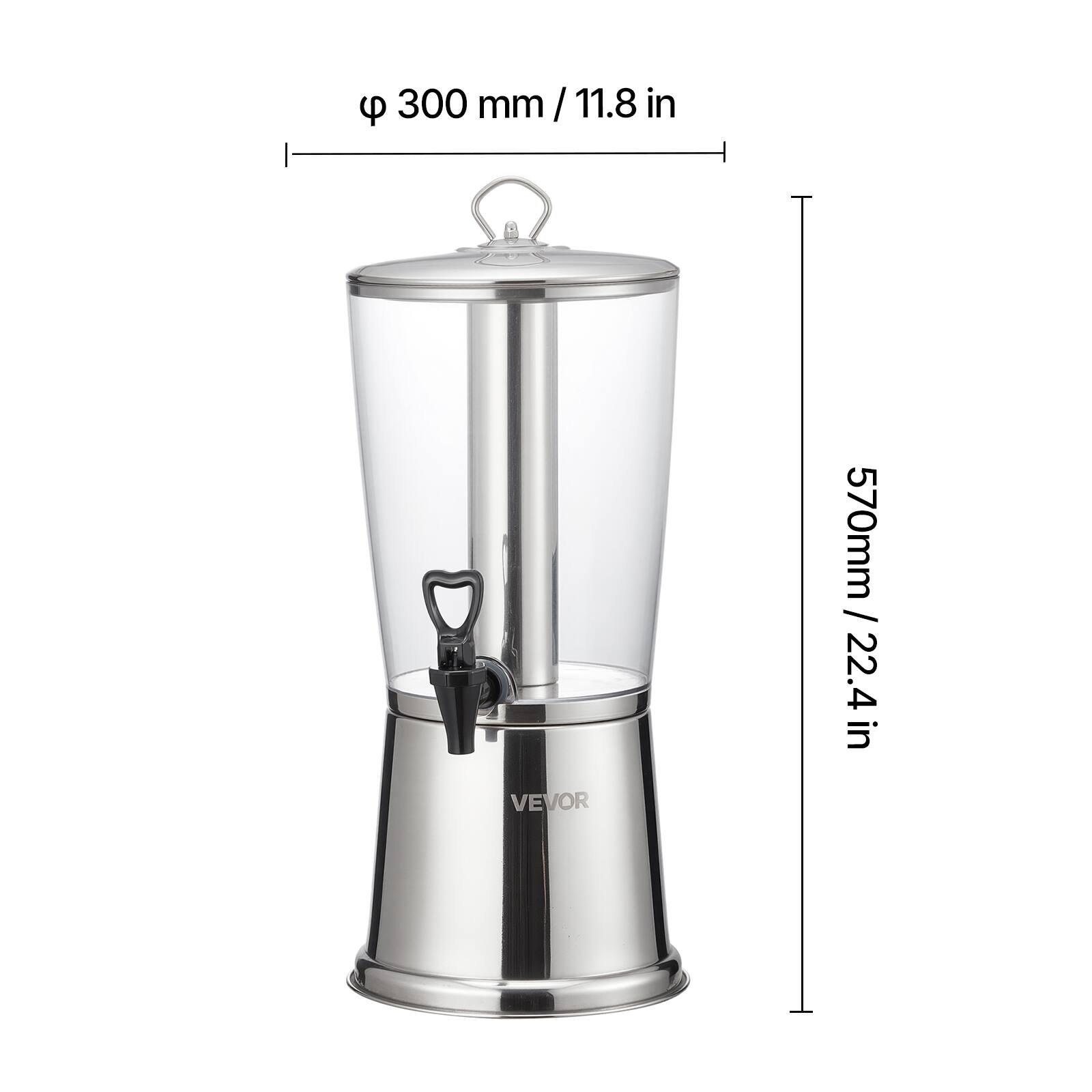 - Diameter: 300 mm / 11.8 in
- Height: 570 mm / 22.4 in
- Brand: VEVOR